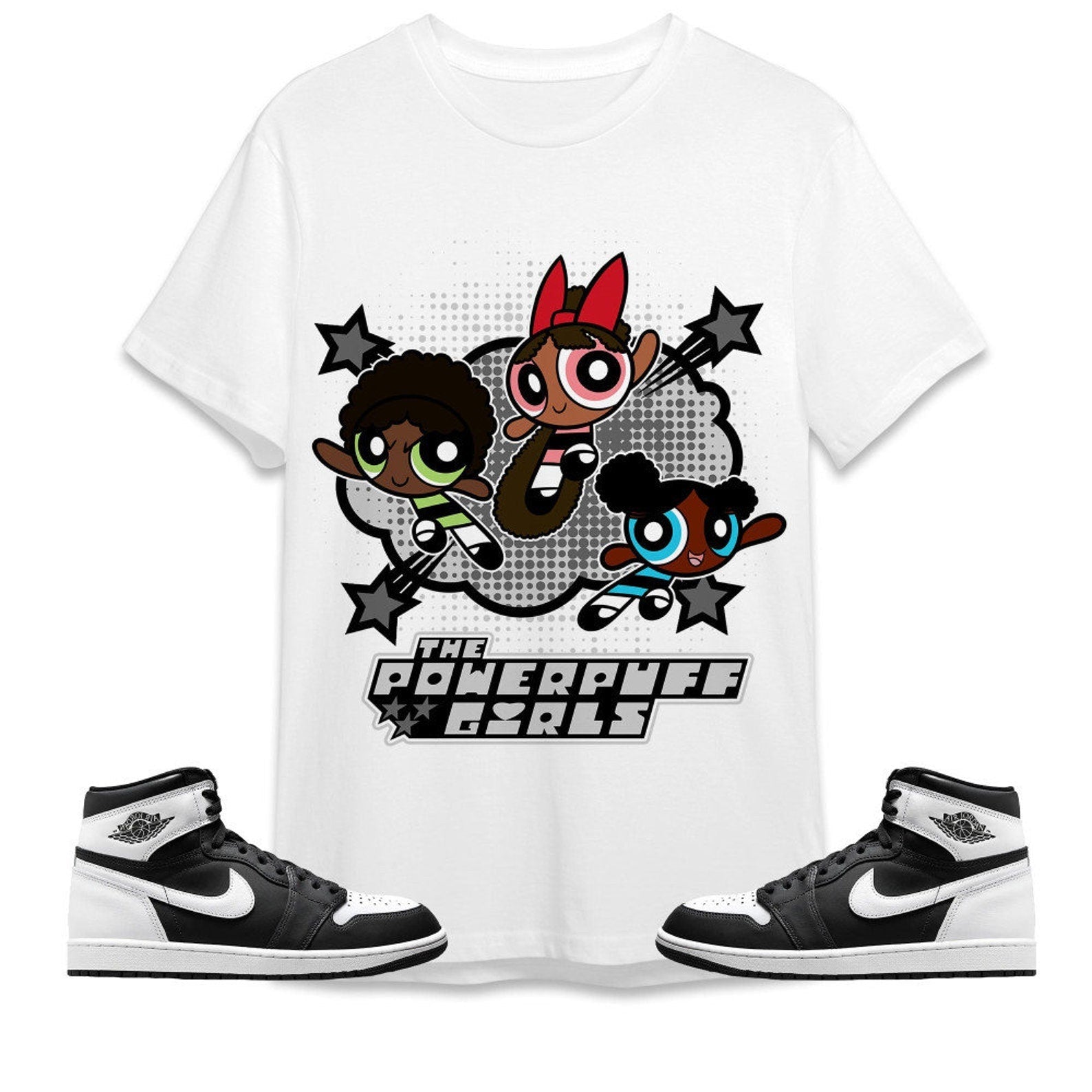 Black Powerpuff Girls Unisex Tees Jordan 1 Retro High OG Black White to match Sneaker, Outfit Back to School Jordan Hoodie T-Shirt, Sneaker Match Tee