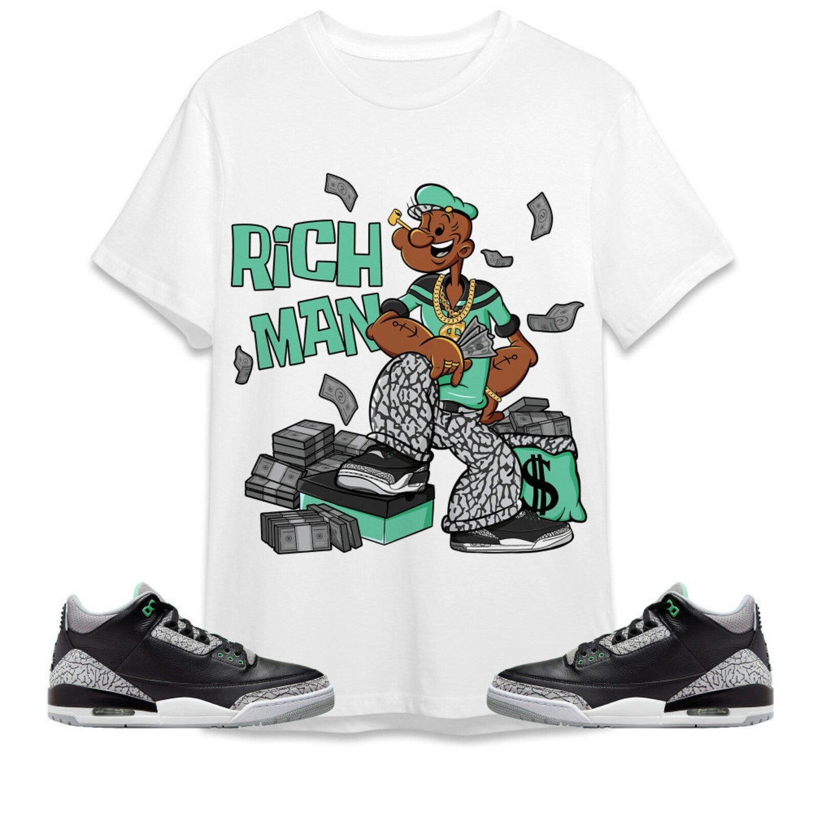 Rich Man Sailor Unisex Tees Jordan 3 Green Glow to match Sneaker, Outfit back to school graphic tees T-Shirt, Sneaker Match Tee