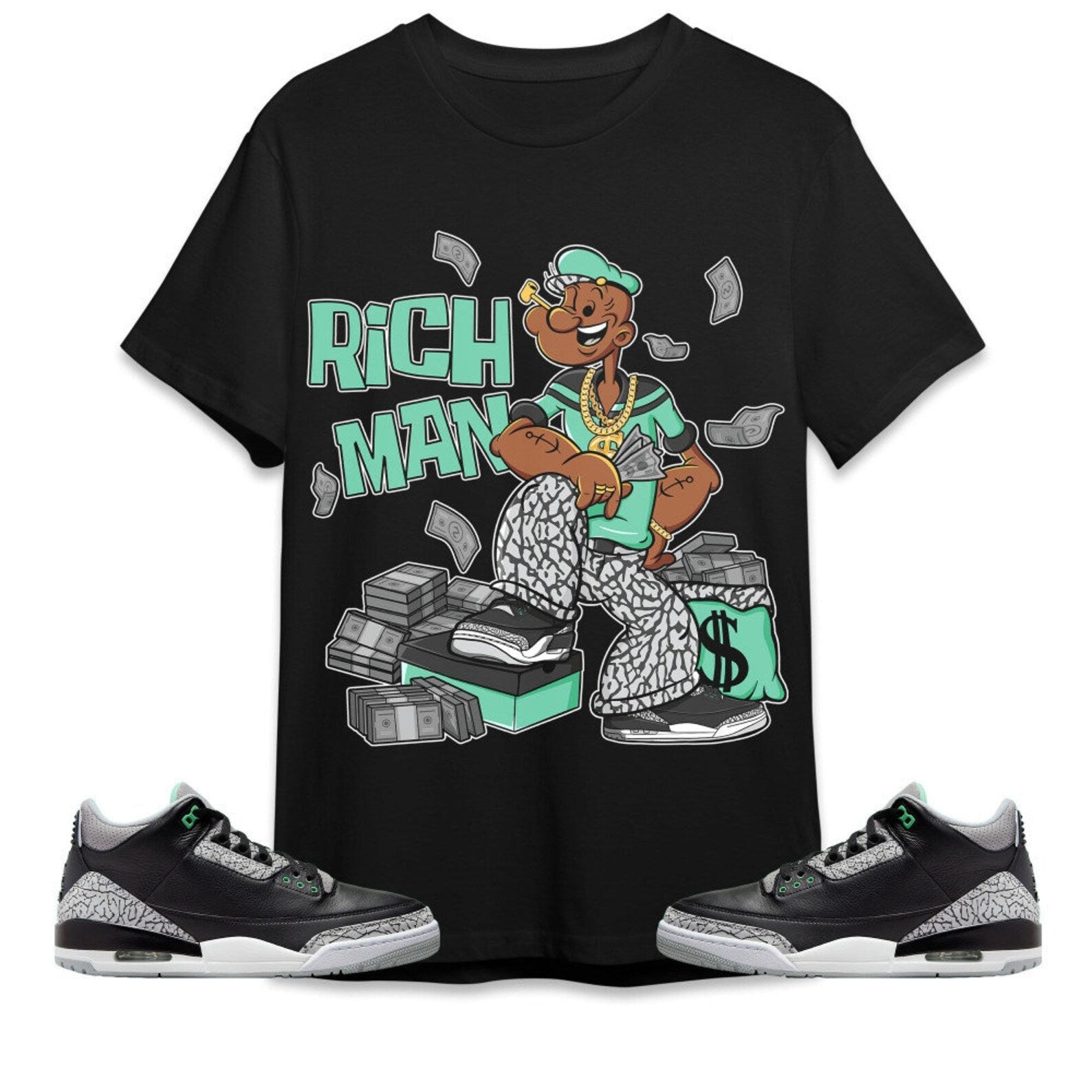 Rich Man Sailor Unisex Tees Jordan 3 Green Glow to match Sneaker, Outfit back to school graphic tees T-Shirt, Sneaker Match Tee