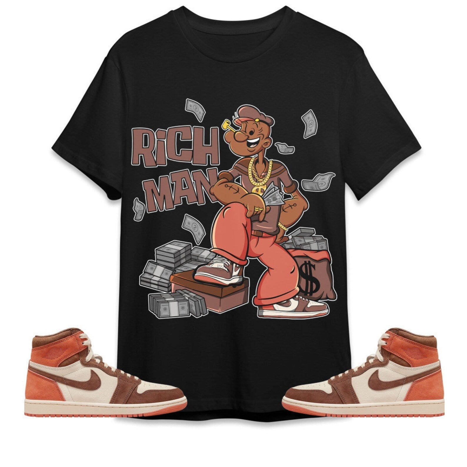 Rich Man Sailor Unisex Tees Jordan 1 High OG Dusted Clay to match Sneaker, Outfit back to school graphic tees T-Shirt, Sneaker Match Tee