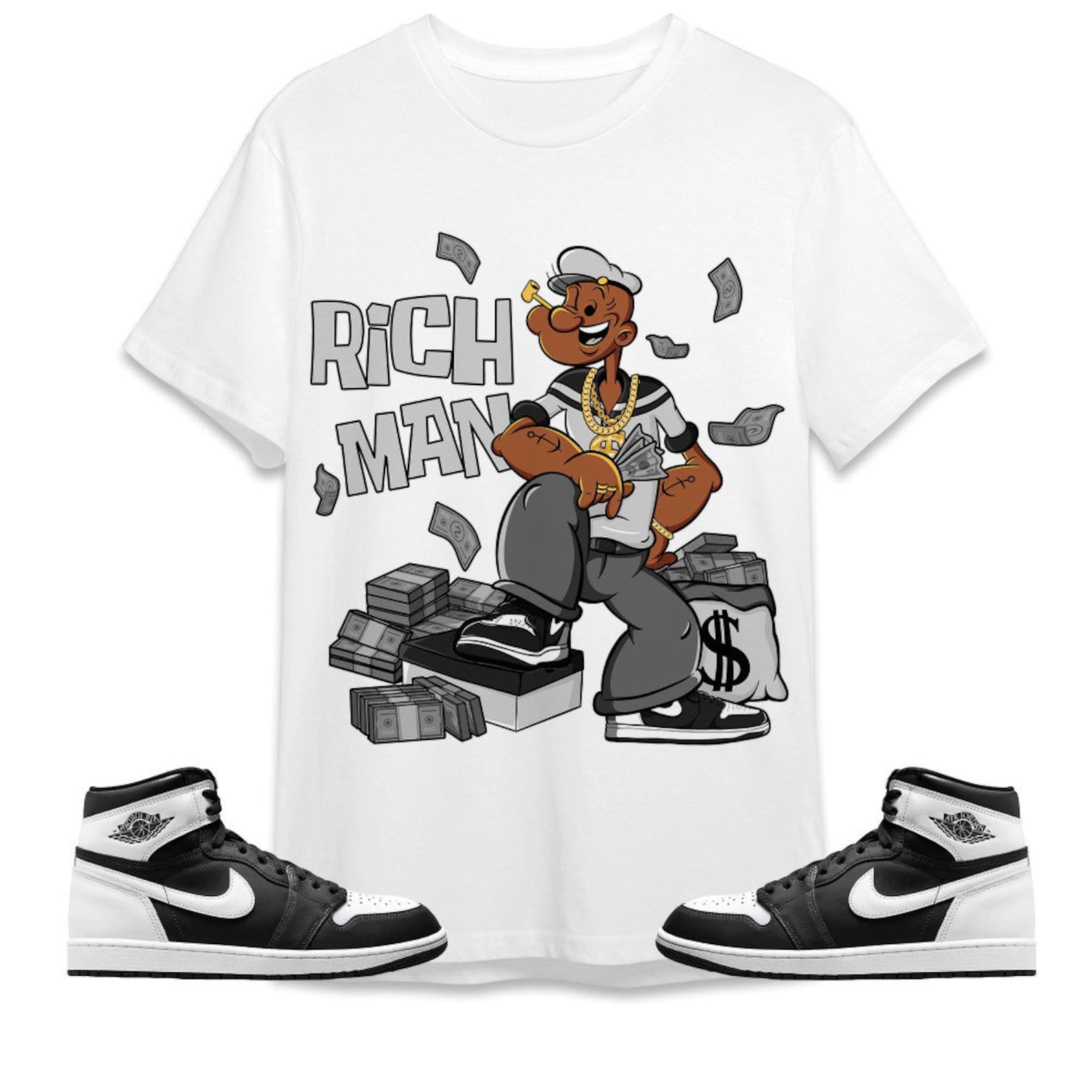 Rich Man Sailor Unisex Tees Jordan 1 Retro High OG Black White to match Sneaker, Outfit back to school T-Shirt, Sneaker Match Tee