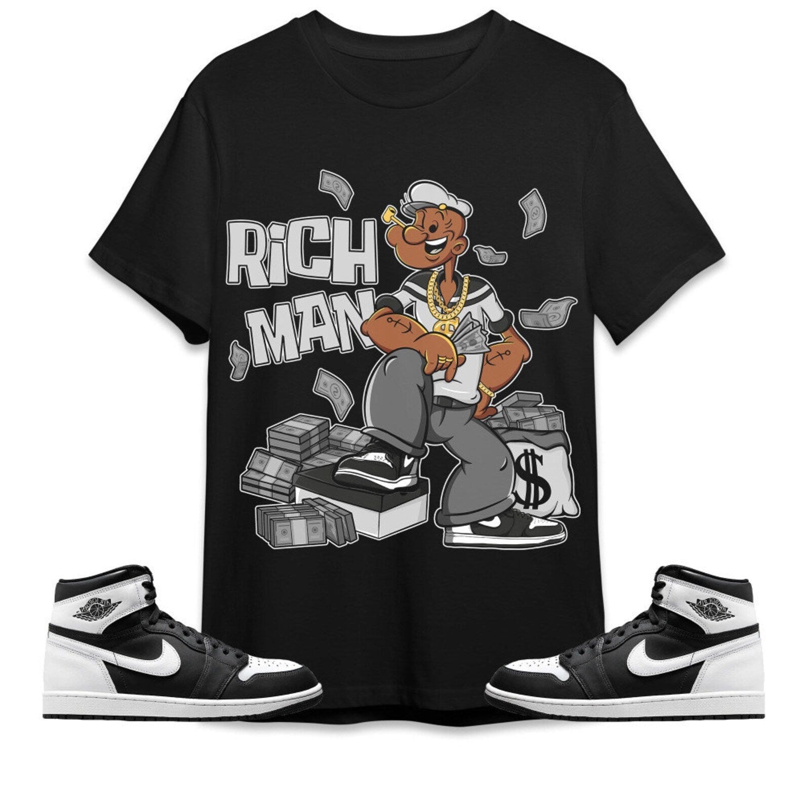 Rich Man Sailor Unisex Tees Jordan 1 Retro High OG Black White to match Sneaker, Outfit back to school T-Shirt, Sneaker Match Tee