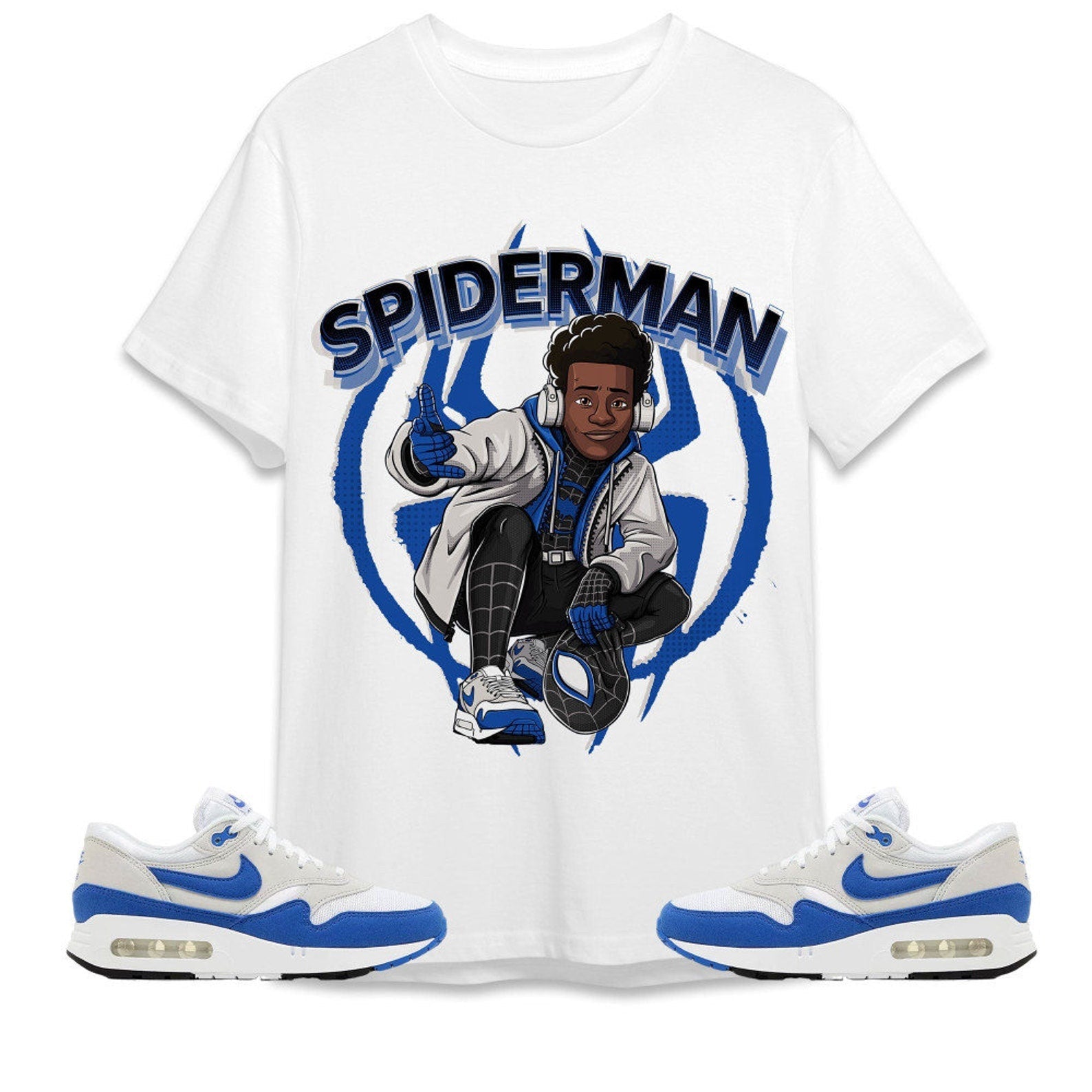 Spiderman Miles Unisex Tees Air Max 1 86 Royal streetwear cartoon 90s, Outfit back to school, Sneaker match Tees T-Shirt, Sneaker Match Tee