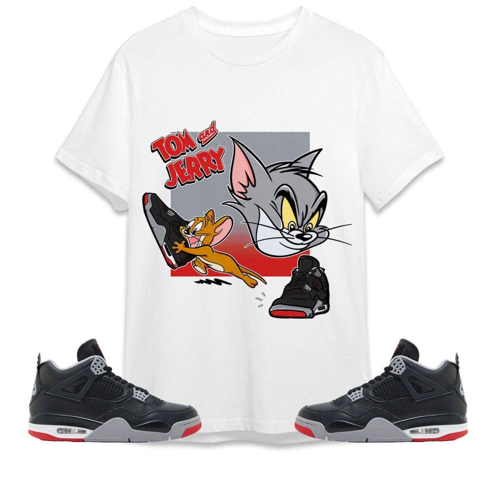 Cat And Mouse Sneakers Unisex Tees Jordan 4 Bred Reimagined to match Sneaker, Outfit Back to school Jordan T-Shirt, Sneaker Match Tee