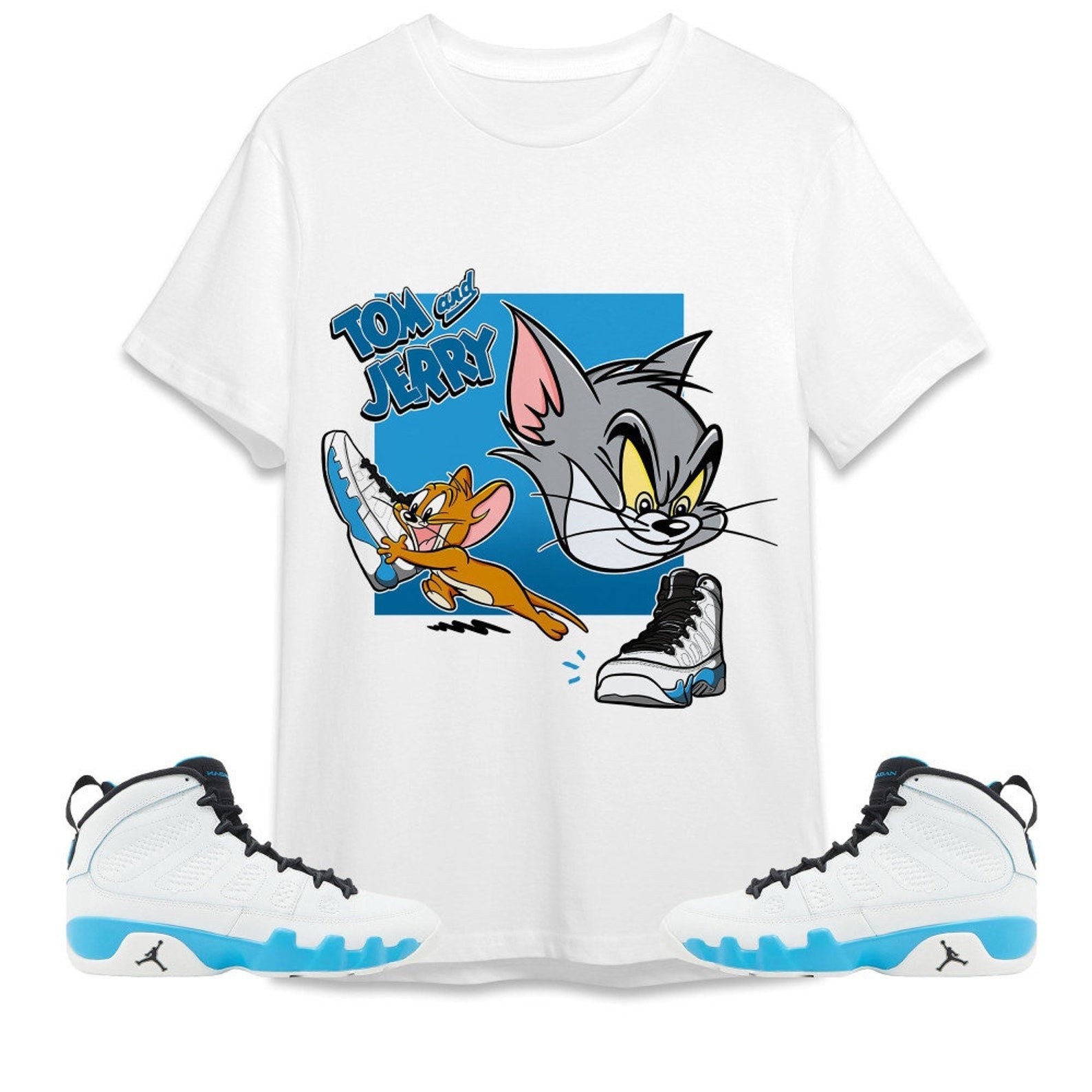 Cat And Mouse Sneakers Unisex Tees Jordan 9 Powder Blue to match Sneaker, Outfit back to school graphic Tees T-Shirt, Sneaker Match Tee