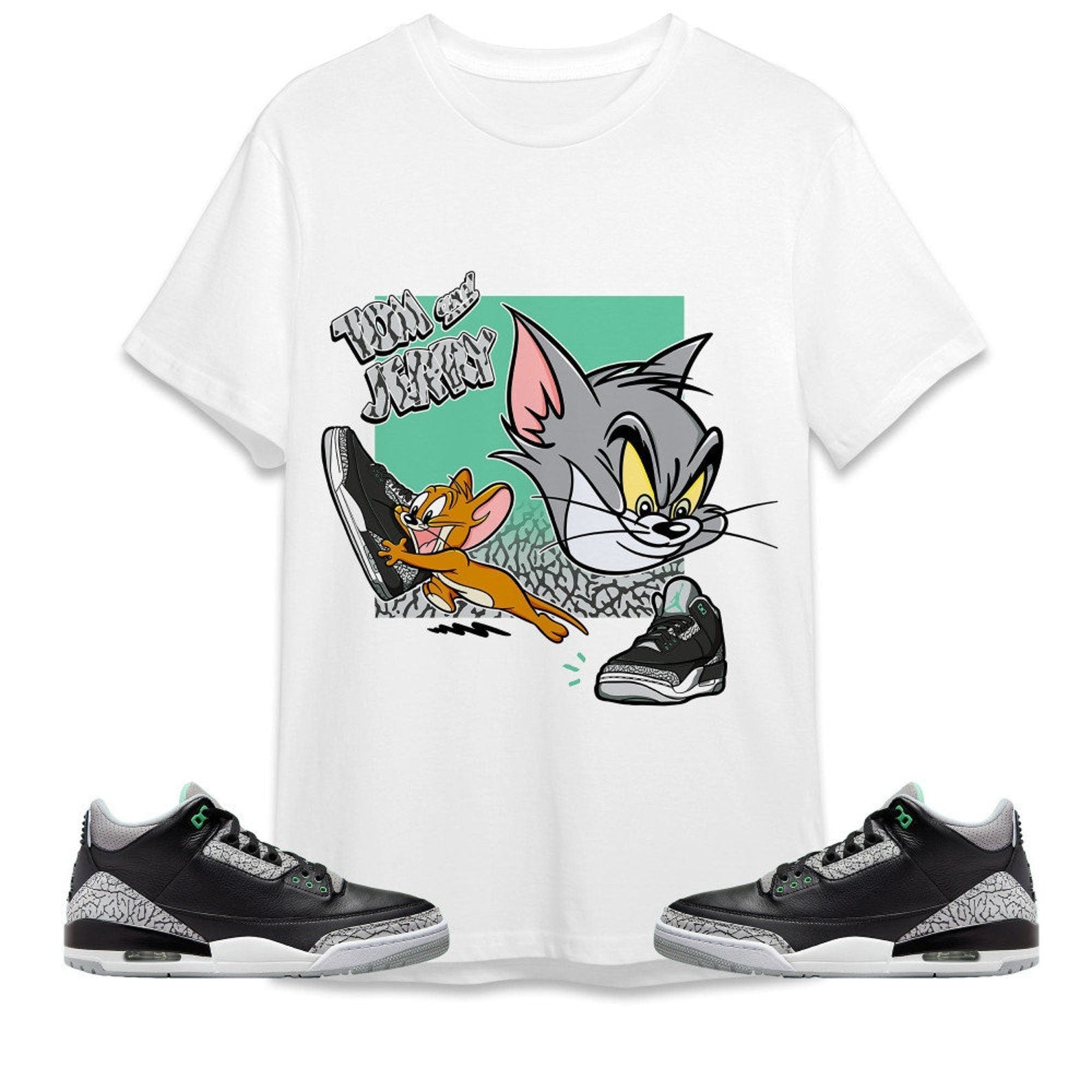 Cat And Mouse Sneakers Unisex Tees Jordan 3 Green Glow to match Sneaker, Outfit back to school graphic Tees T-Shirt, Sneaker Match Tee