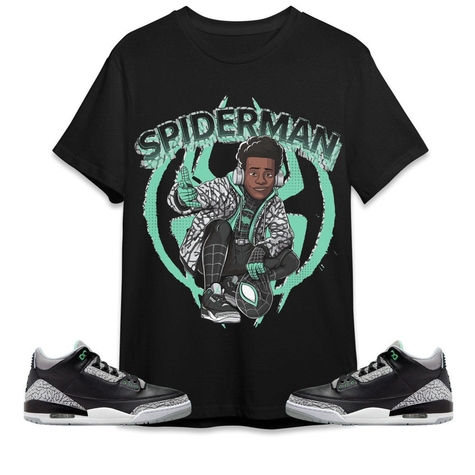 Spiderman Miles Unisex Tees Jordan 3 Green Glow to match Sneaker, Outfit birthday graphic Tees T-Shirt, Sneaker Match Tee