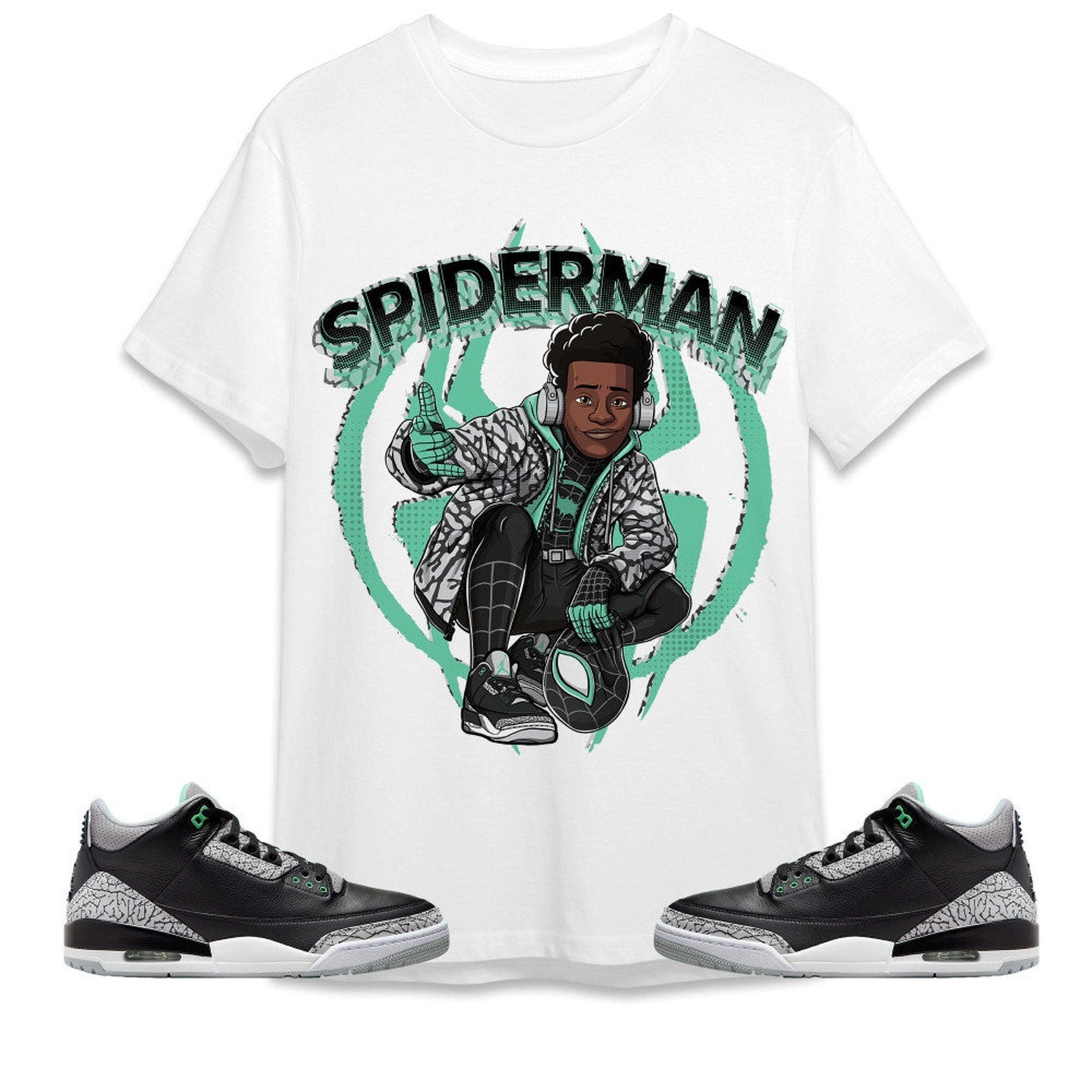 Spiderman Miles Unisex Tees Jordan 3 Green Glow to match Sneaker, Outfit birthday graphic Tees T-Shirt, Sneaker Match Tee