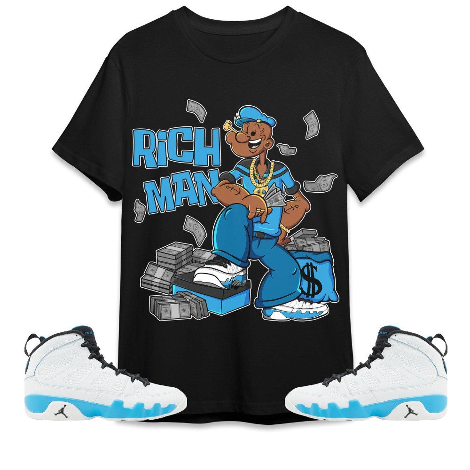 Rich Man Sailor Unisex Tees Jordan 9 Powder Blue to match Sneaker, Outfit back to school graphic tees T-Shirt, Sneaker Match Tee