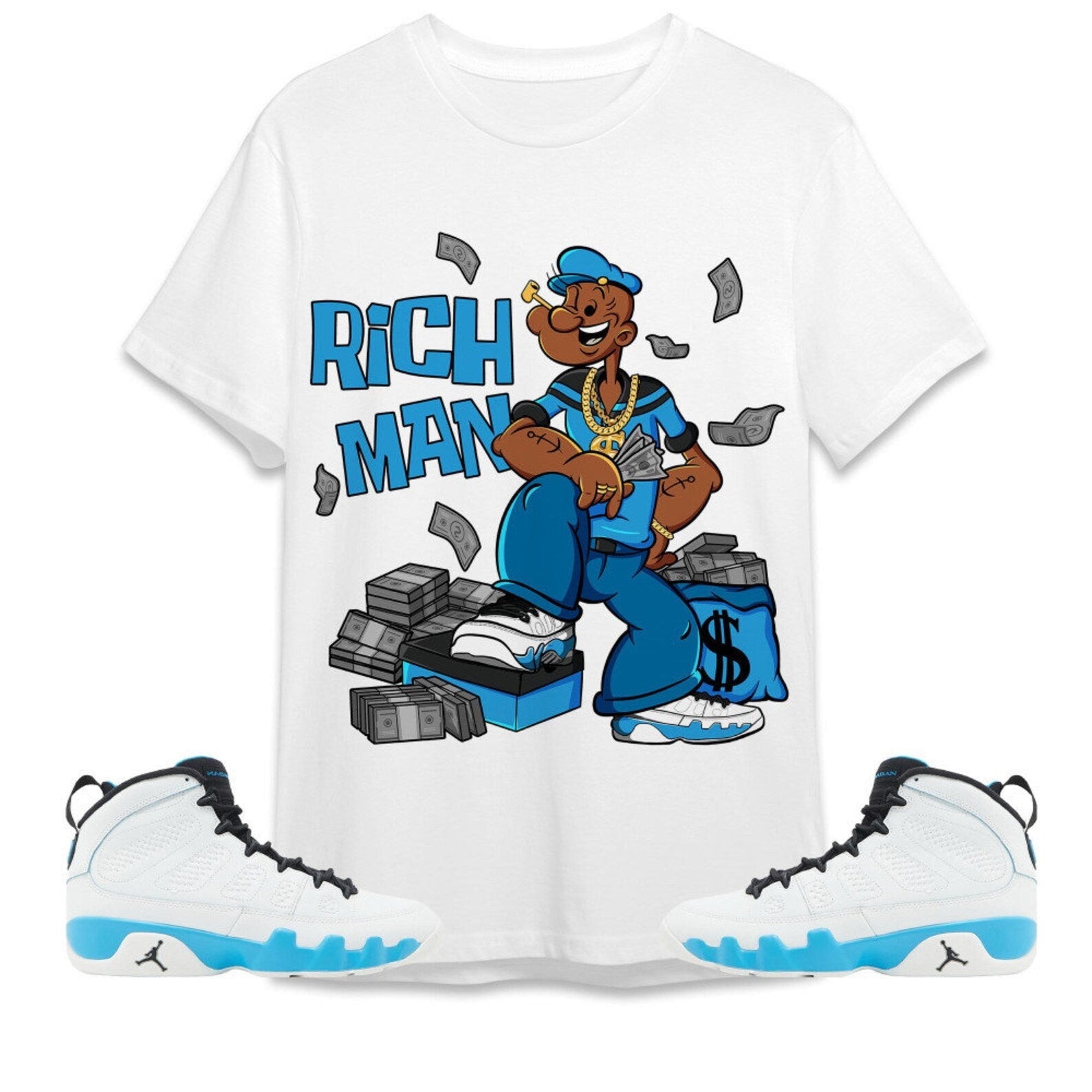 Rich Man Sailor Unisex Tees Jordan 9 Powder Blue to match Sneaker, Outfit back to school graphic tees T-Shirt, Sneaker Match Tee