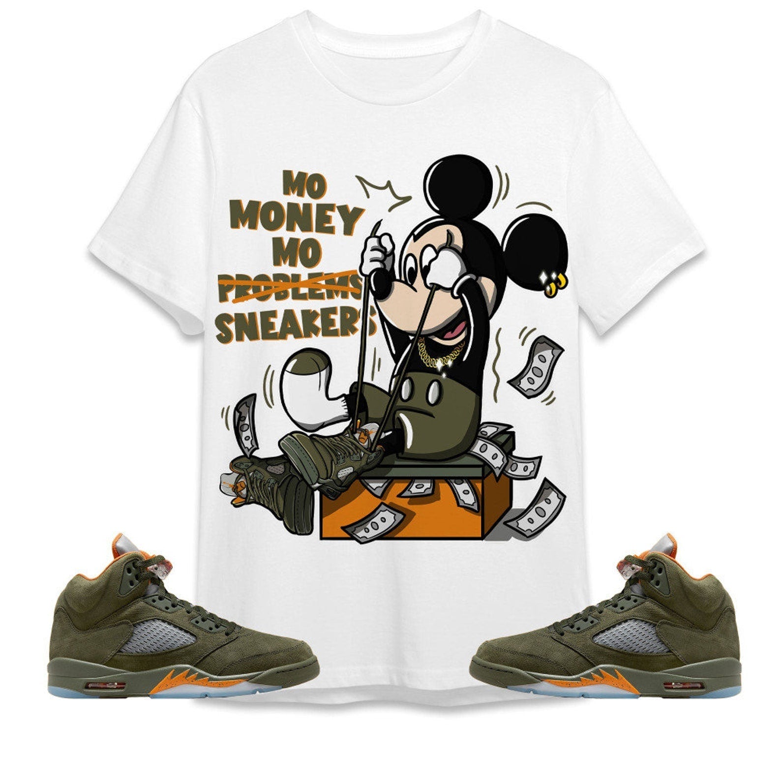 Mo Money Mickey Unisex Tees Jordan 5 Olive To Match Sneaker, Outfit Back to school graphic tees T-Shirt, Sneaker Match Tee