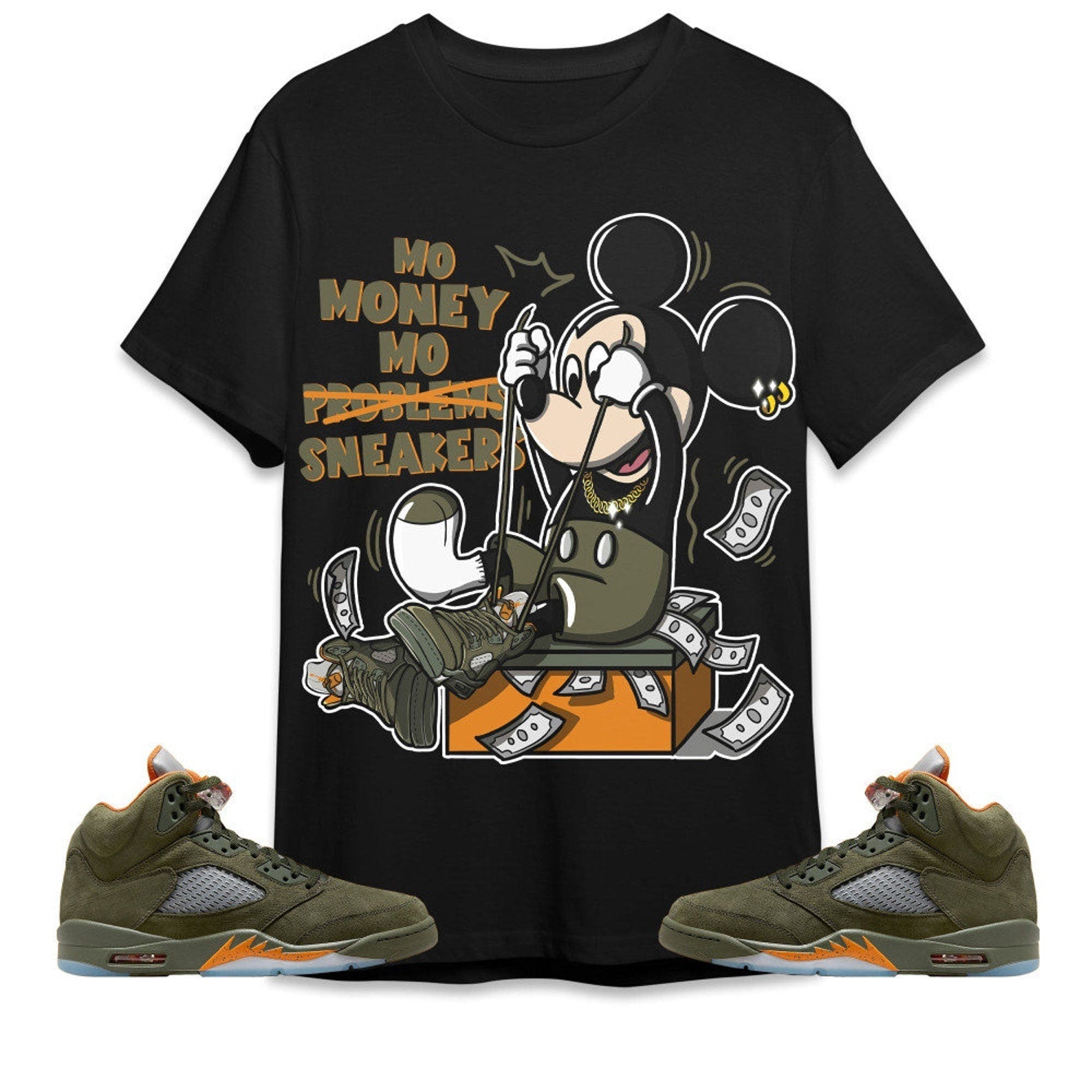 Mo Money Mickey Unisex Tees Jordan 5 Olive To Match Sneaker, Outfit Back to school graphic tees T-Shirt, Sneaker Match Tee