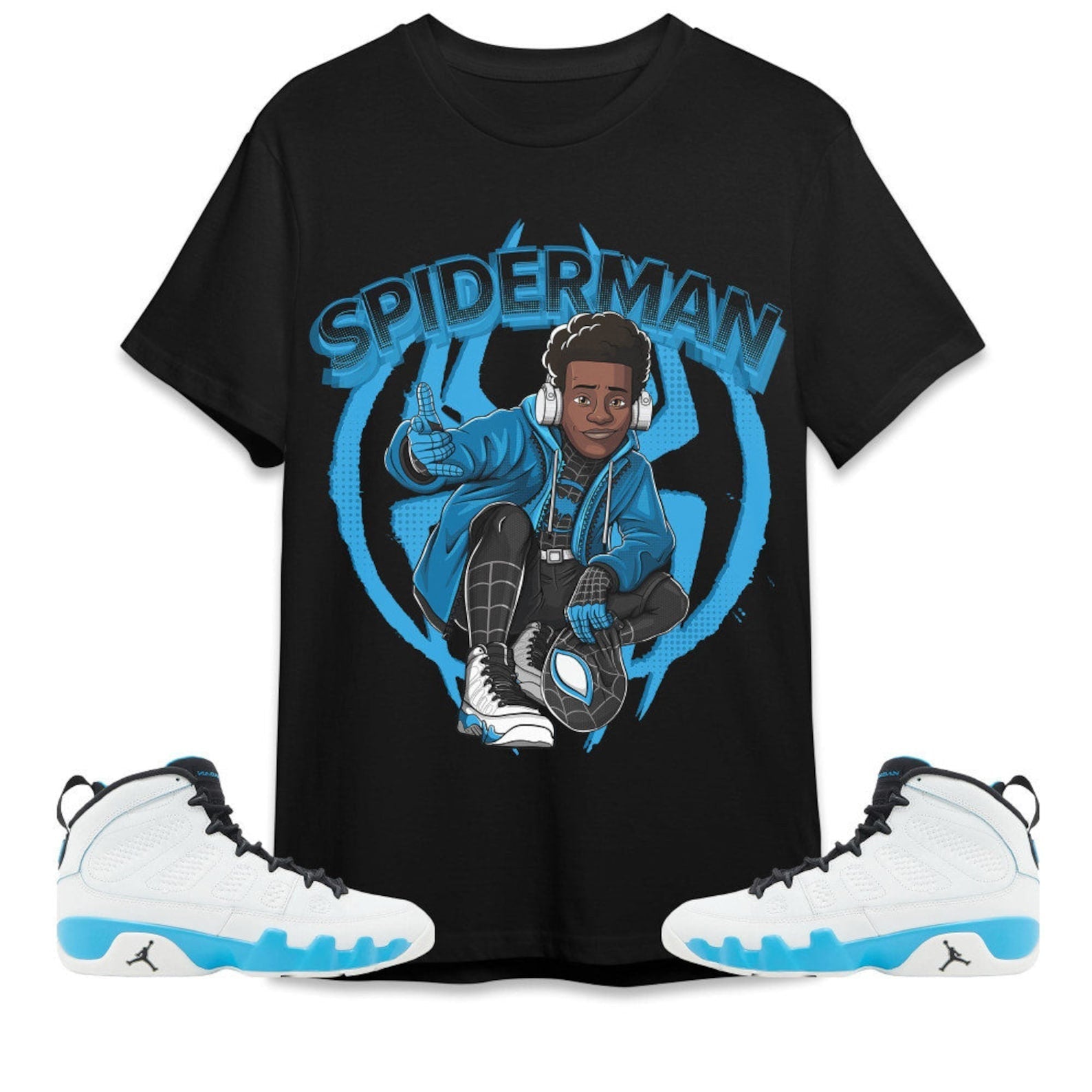 Spiderman Miles Unisex Tees Jordan 9 Powder Blue to match Sneaker, Outfit birthday graphic Tees T-Shirt, Sneaker Match Tee