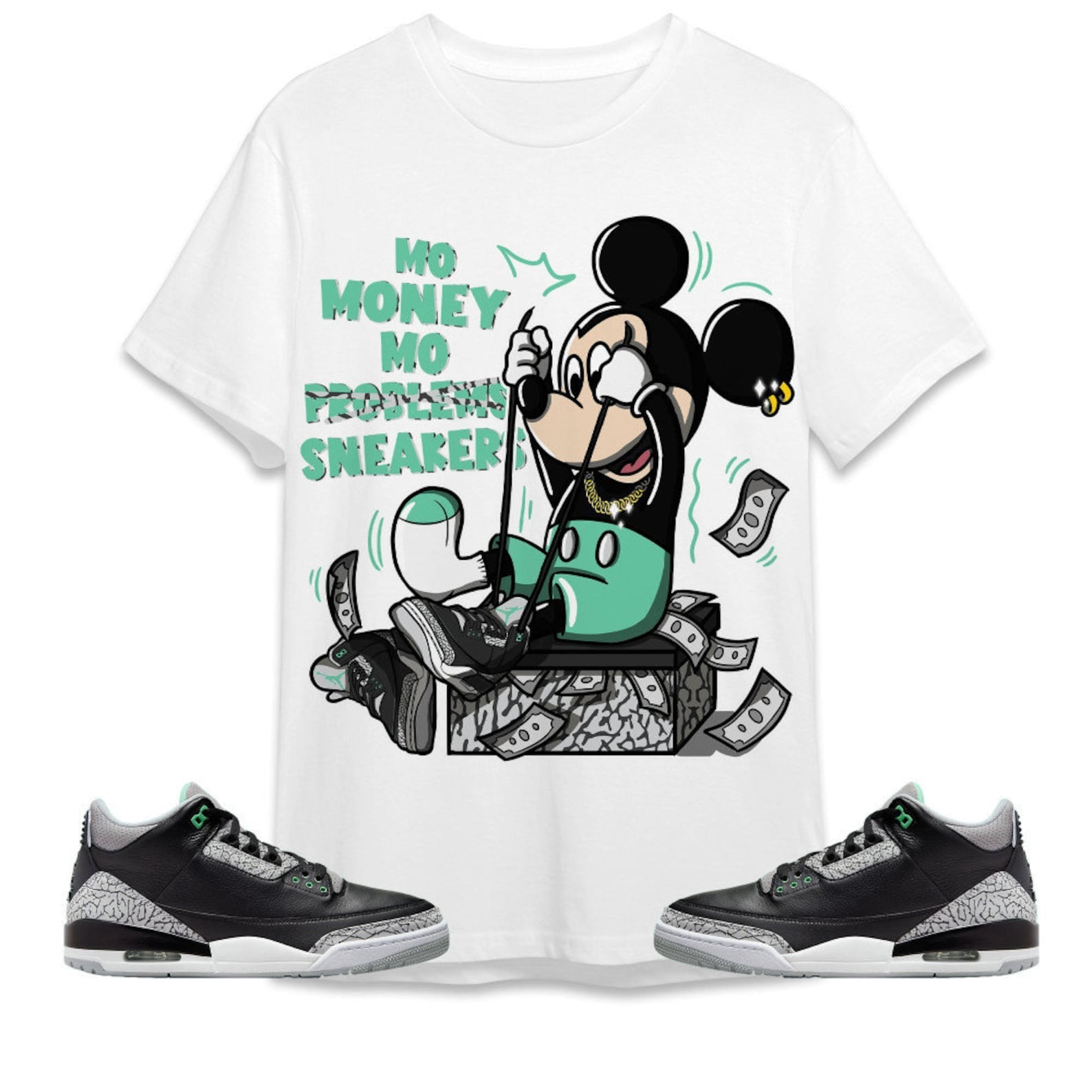 Mo Money Mickey Unisex Tees Jordan 3 Green Glow To Match Sneaker, Outfit Back to school graphic tees T-Shirt, Sneaker Match Tee