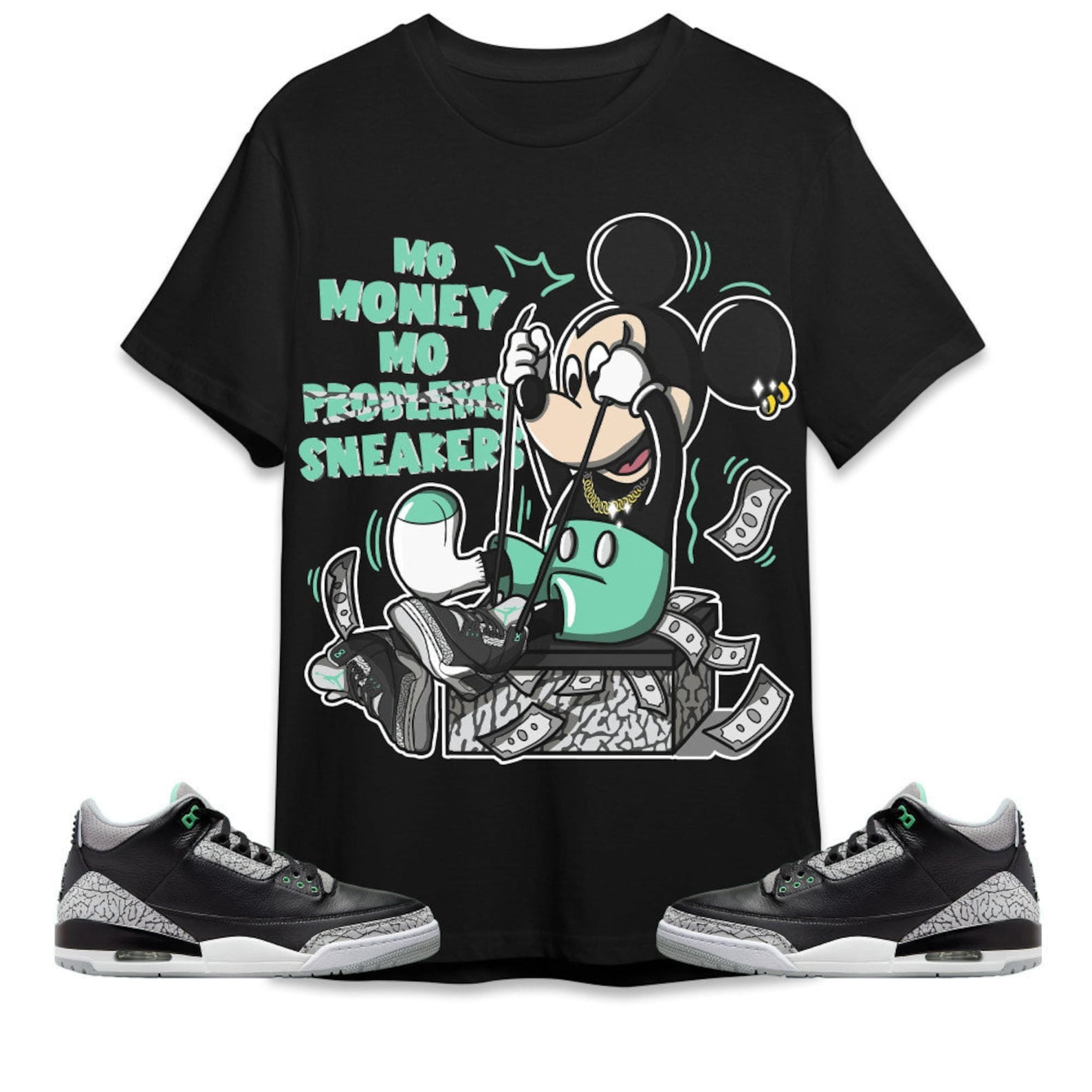 Mo Money Mickey Unisex Tees Jordan 3 Green Glow To Match Sneaker, Outfit Back to school graphic tees T-Shirt, Sneaker Match Tee