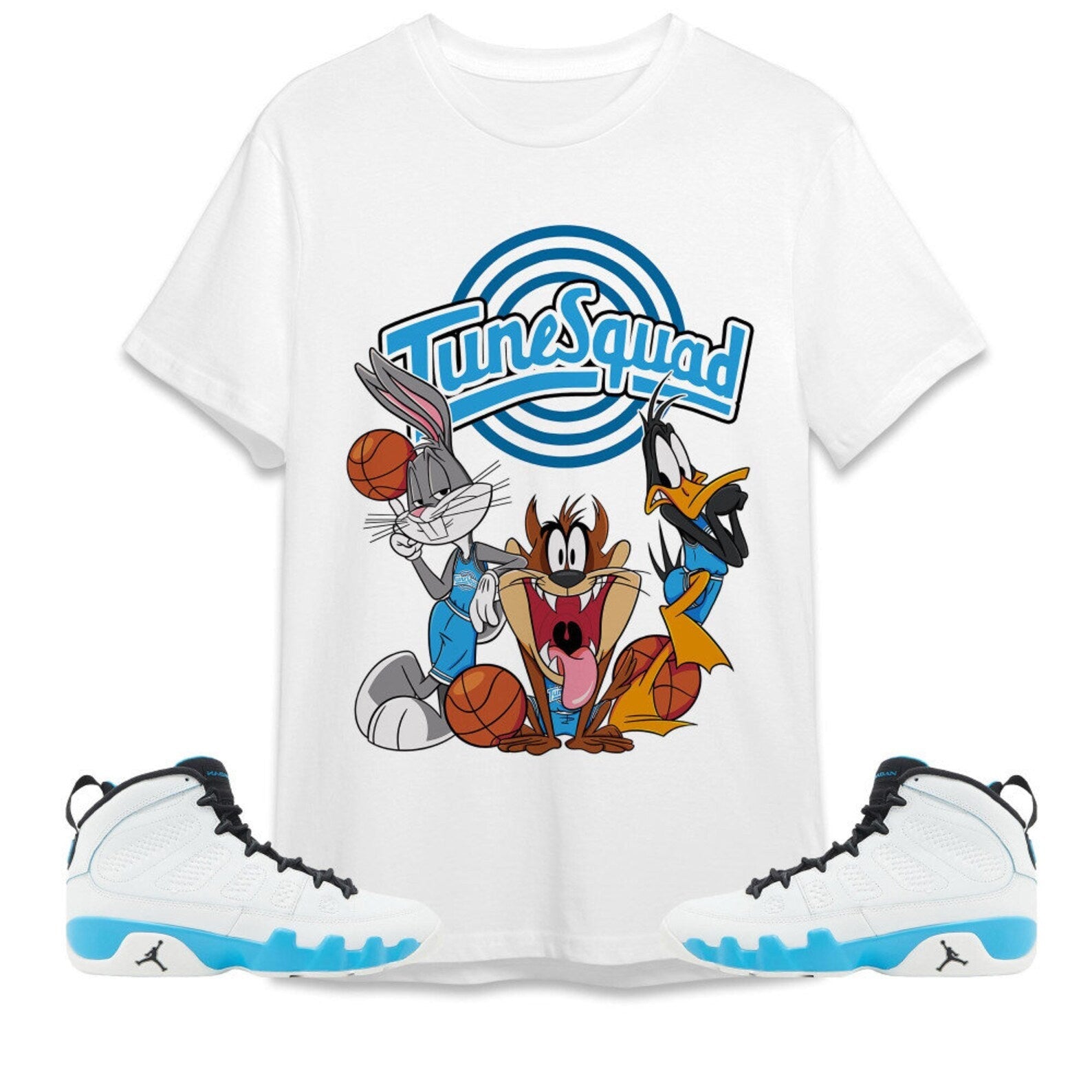 Tune Friends Unisex Tees Jordan 9 Powder Blue to match Sneaker, Outfit back to school graphic Tees T-Shirt, Sneaker Match Tee