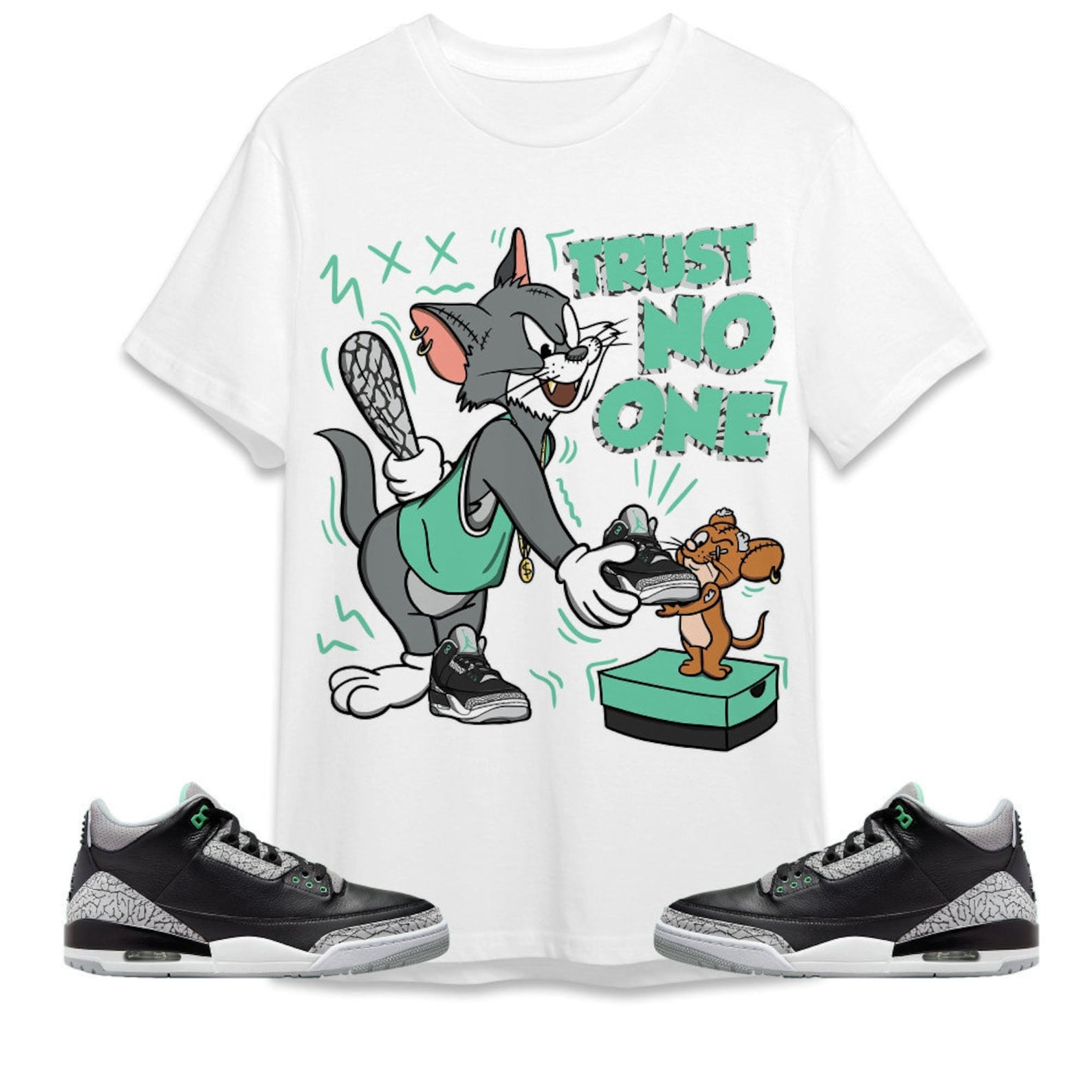 Trust No One Cat And Mouse Unisex Tees Jordan 3 Green Glow to match Sneaker, Outfit back to school graphic Tees T-Shirt, Sneaker Match Tee