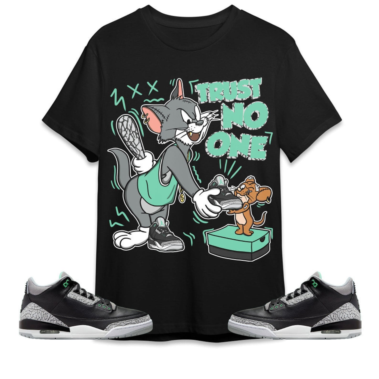 Trust No One Cat And Mouse Unisex Tees Jordan 3 Green Glow to match Sneaker, Outfit back to school graphic Tees T-Shirt, Sneaker Match Tee