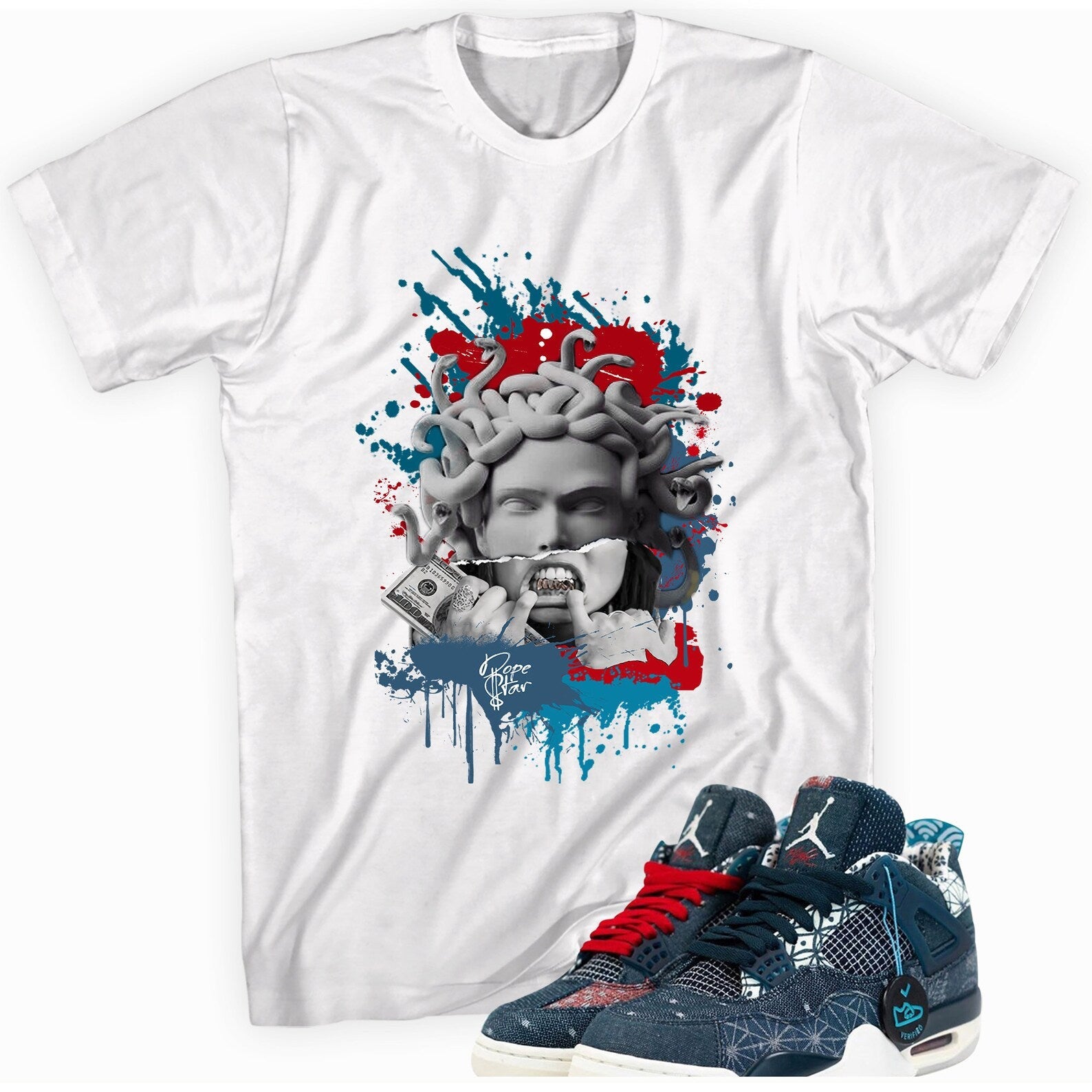 Medusa T-Shirt Made to Match Jordan 4 Retro Sashiko Deep Ocean T-Shirt, Sneaker Match Tee