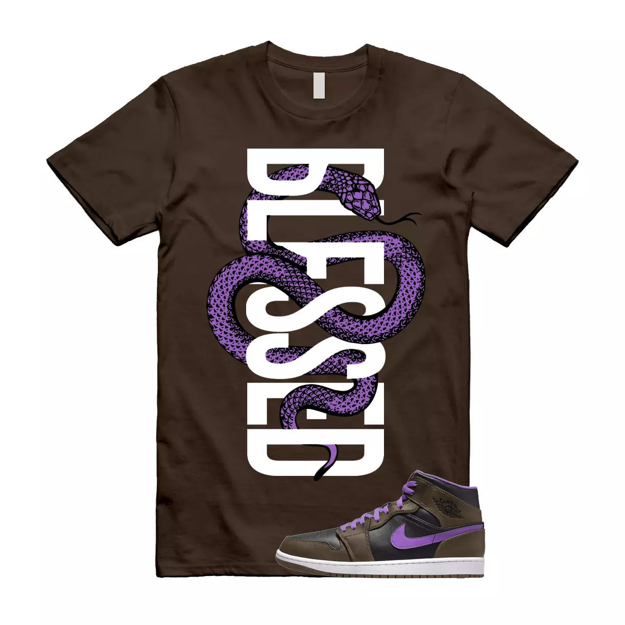 Jordan 1 Mid Palomino Purple Mocha Wild Berry Black Shirt To Match SNAKEB Shirt, DQ8424-215 Match Sneaker Tee