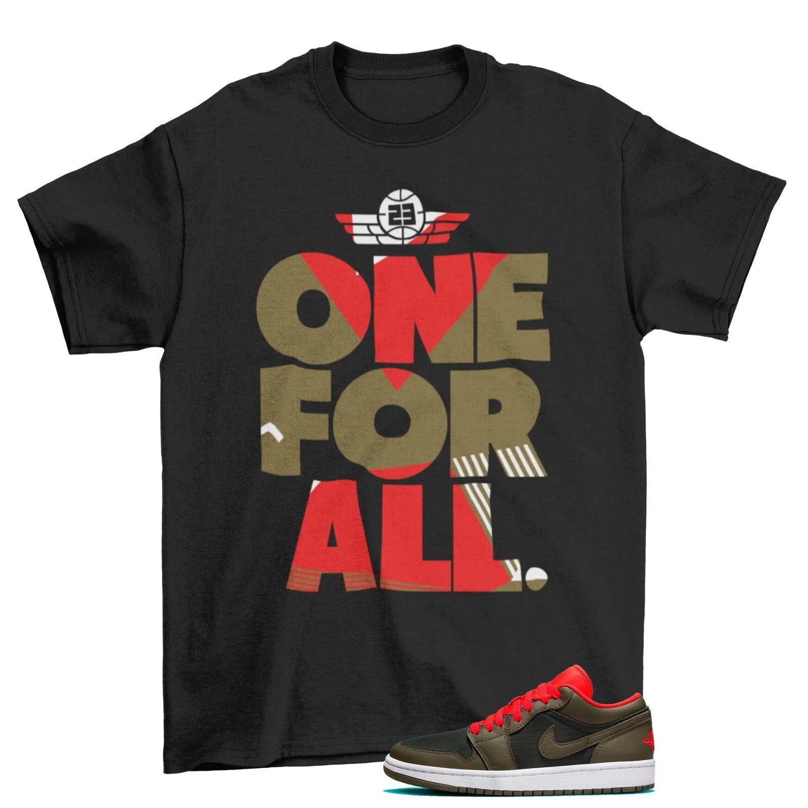 One For All Shirt to Match Jordan Jordan 1 Low Newsprint Olive DQ6076-002 T-Shirt, Sneaker Match Tee