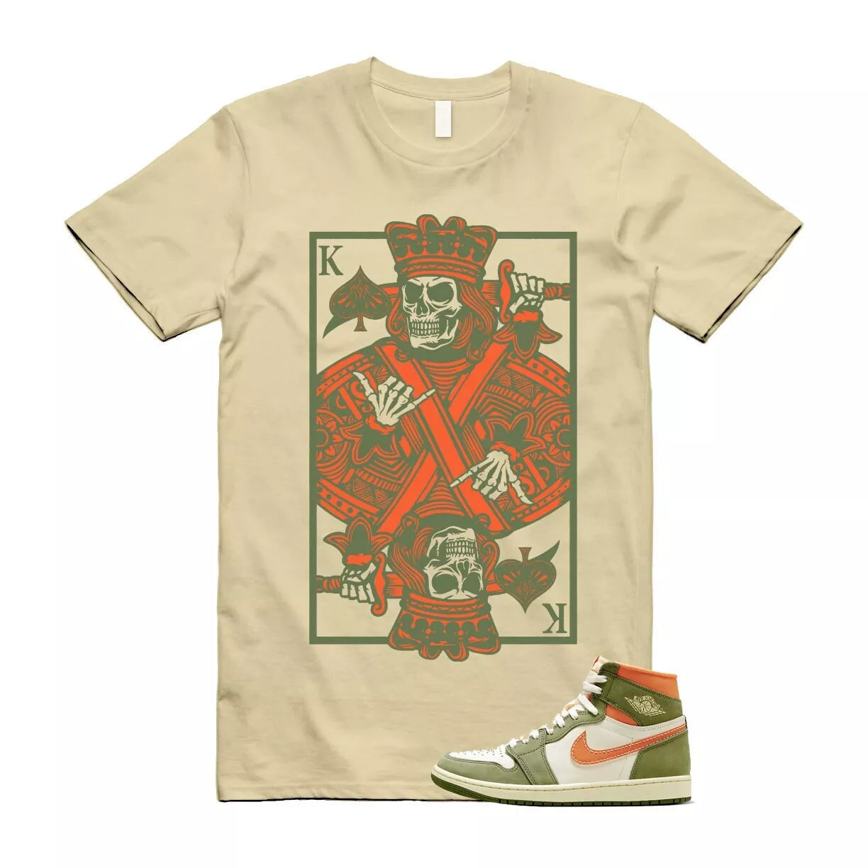 Jordan 1 Craft Celadon Sky Light Olive Bright Mandarin Coconut Milk Shirt To Match King Card T-Shirt, Match Sneaker Tee