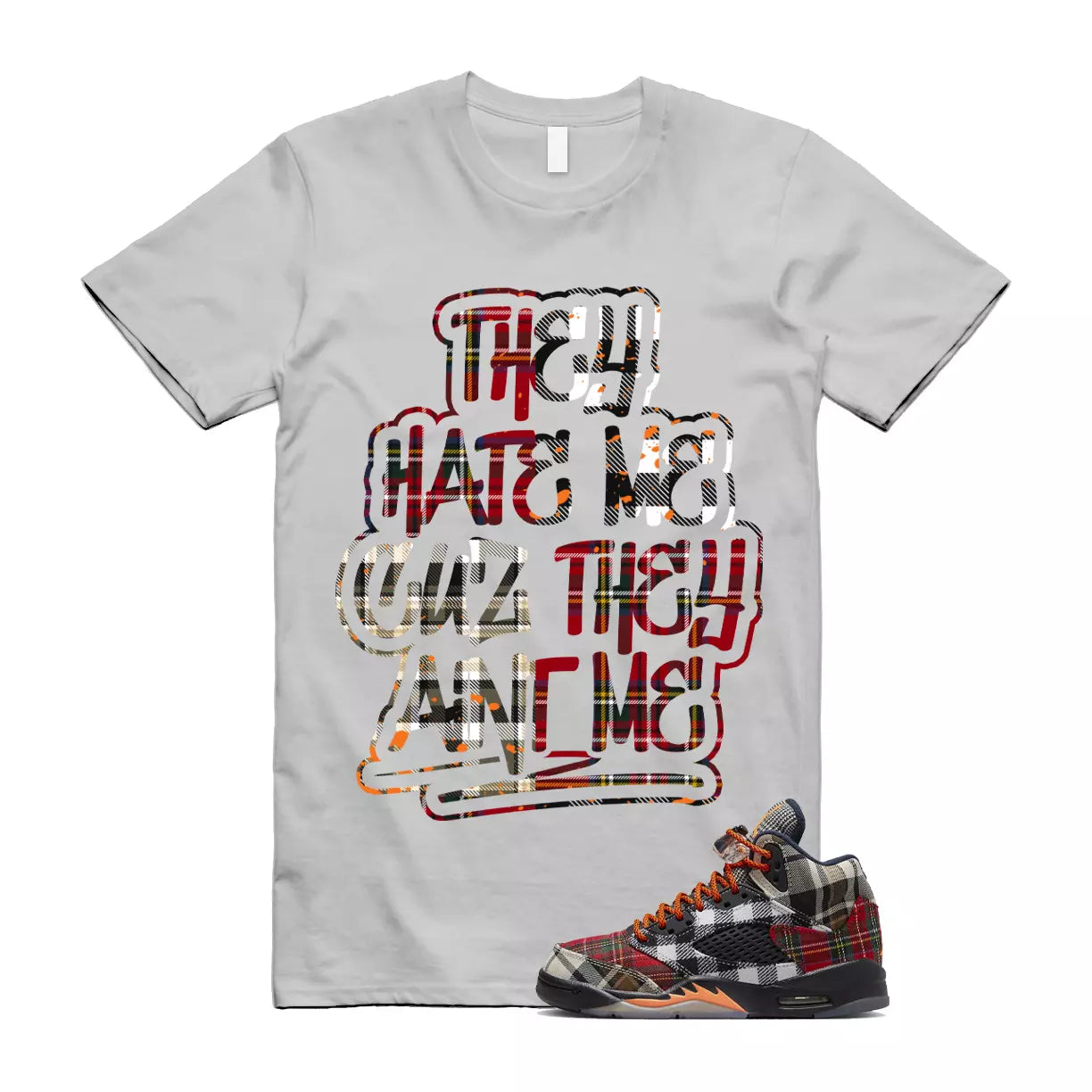 Plaid 5 Patchwork Total Orange AJ5 Air Checked-And-Flecked T Shirt Match AINT ME T-Shirt, Sneaker Match Tee