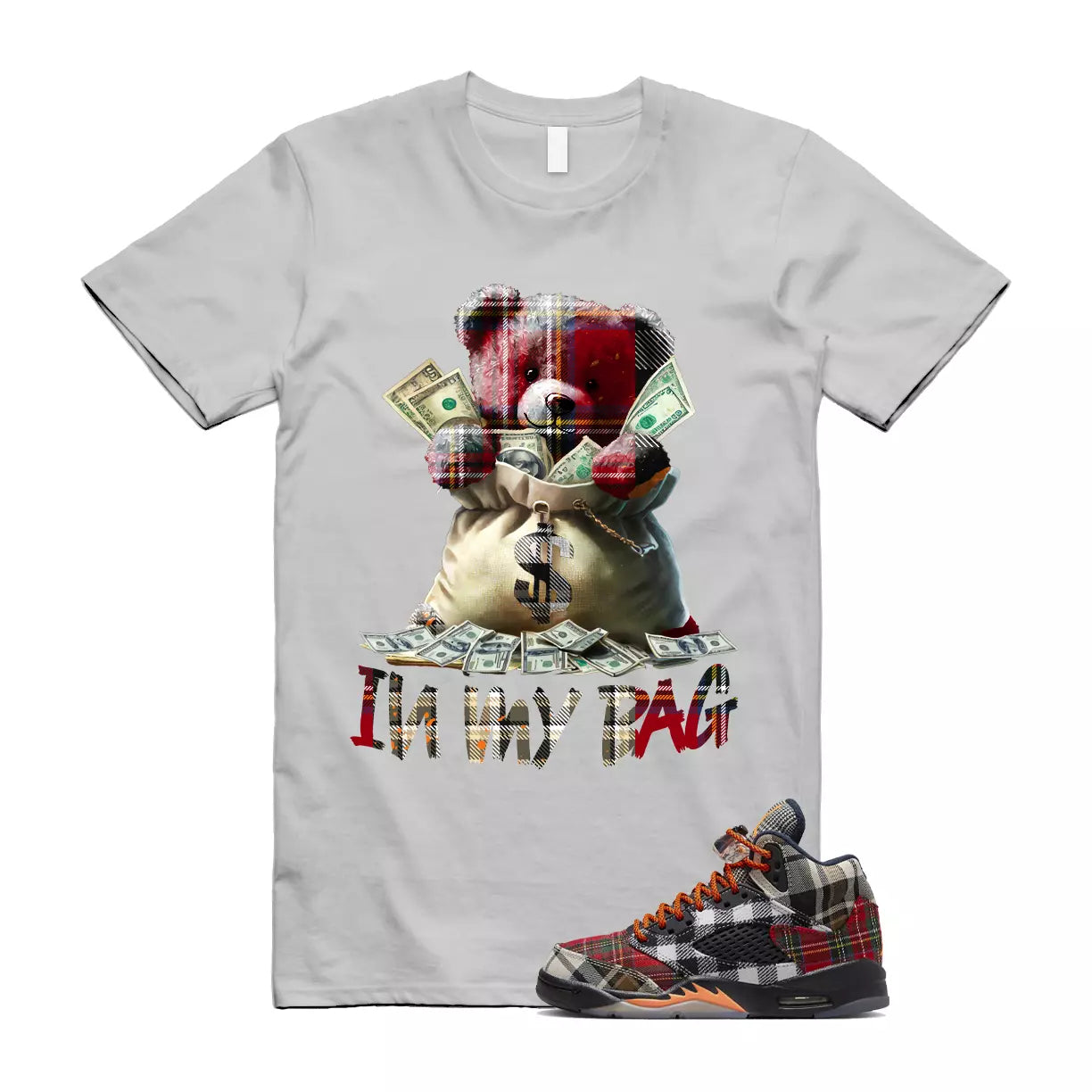 Plaid 5 Patchwork Total Orange AJ5 Air Checked-And-Flecked T Shirt Match BAG T-Shirt, Sneaker Match Tee