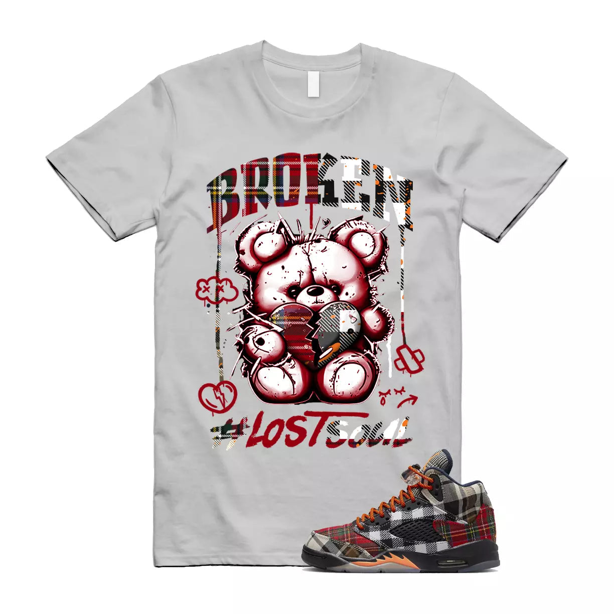 Plaid 5 Patchwork Total Orange AJ5 Air Checked-And-Flecked T Shirt Match BRLS T-Shirt, Sneaker Match Tee