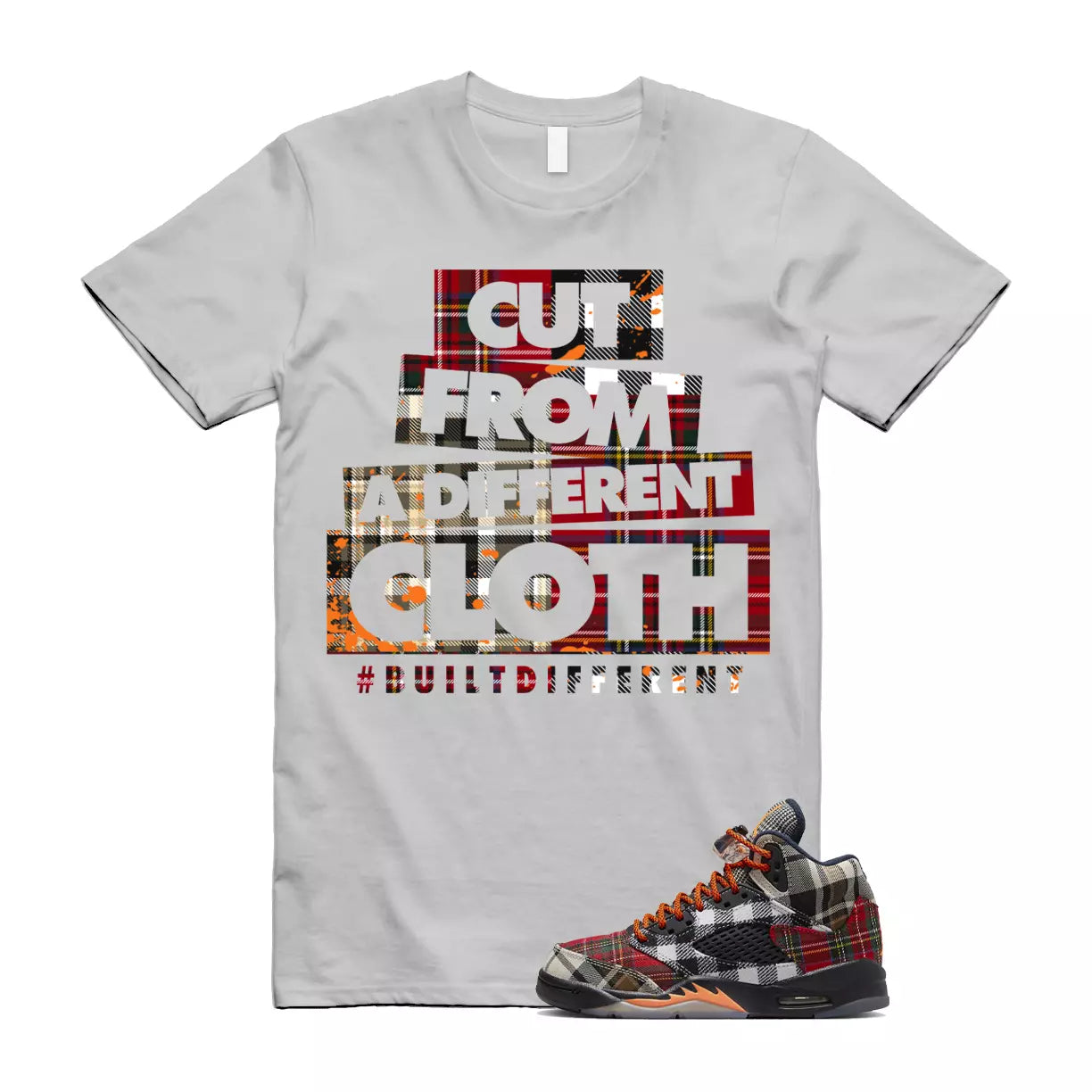 Plaid 5 Patchwork Total Orange AJ5 Air Checked-And-Flecked T Shirt Match CLOTH T-Shirt, Sneaker Match Tee