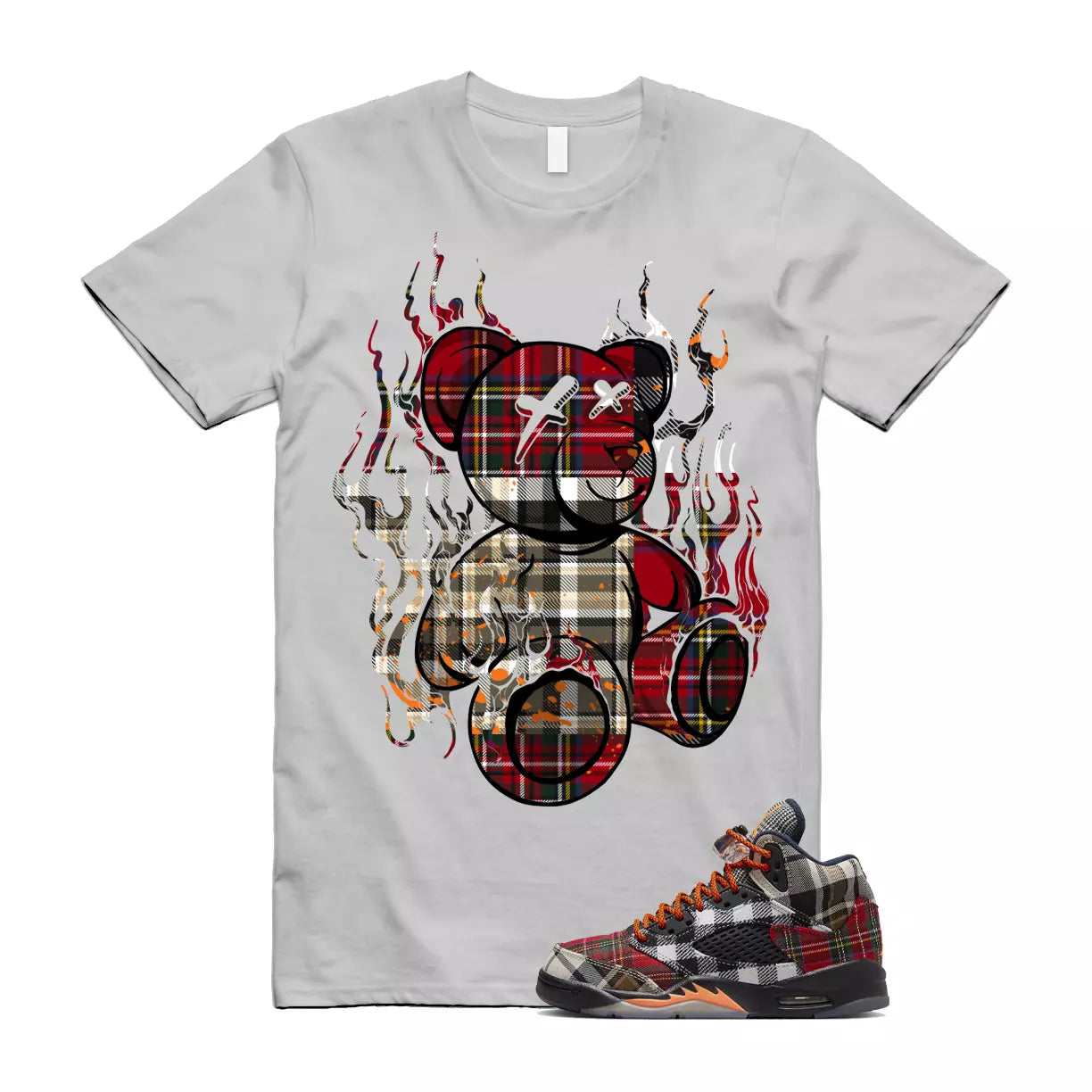 Plaid 5 Patchwork Total Orange AJ5 Air Checked-And-Flecked T Shirt Match LIT T-Shirt, Sneaker Match Tee