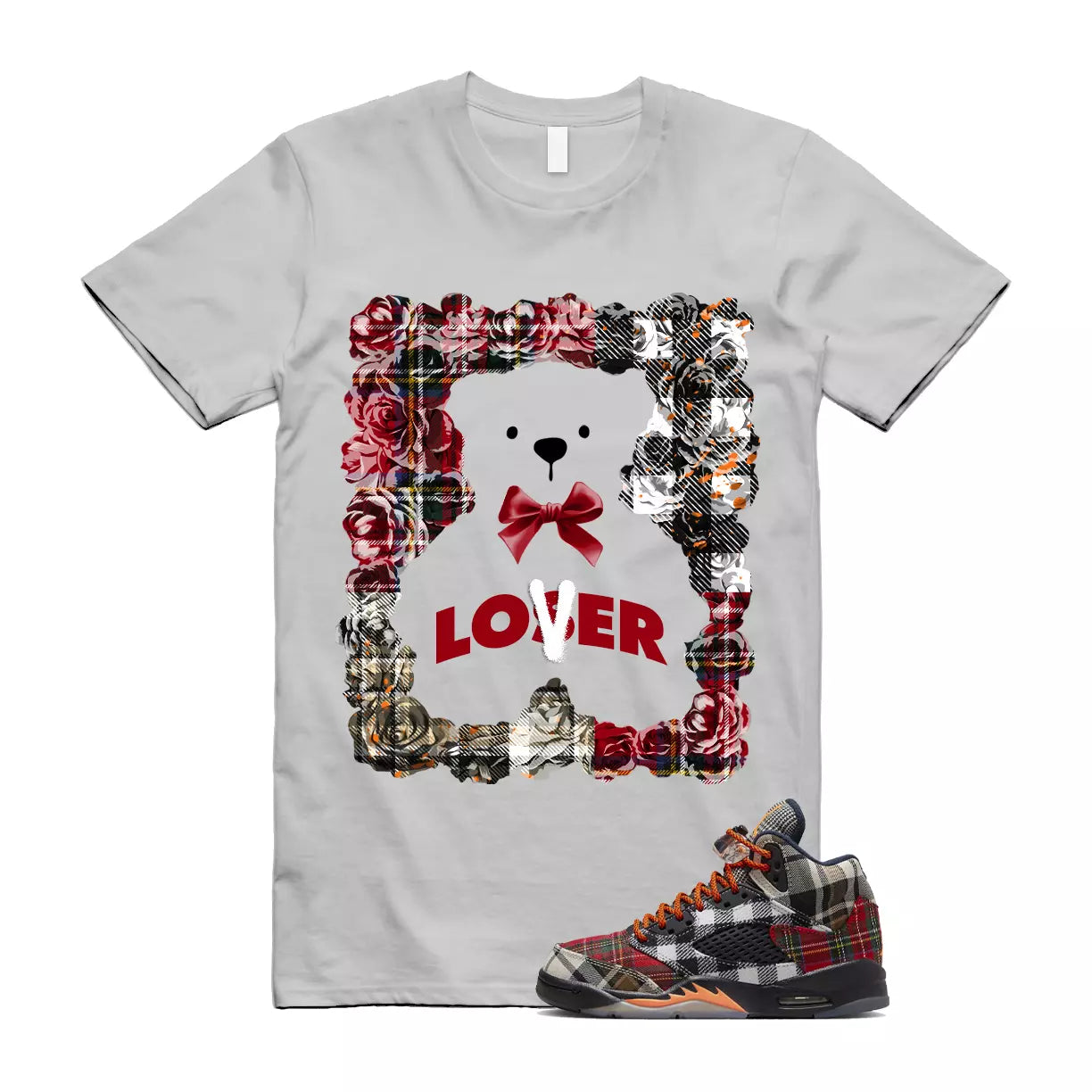 Plaid 5 Patchwork Total Orange AJ5 Air Checked-And-Flecked T Shirt Match LO2 T-Shirt, Sneaker Match Tee