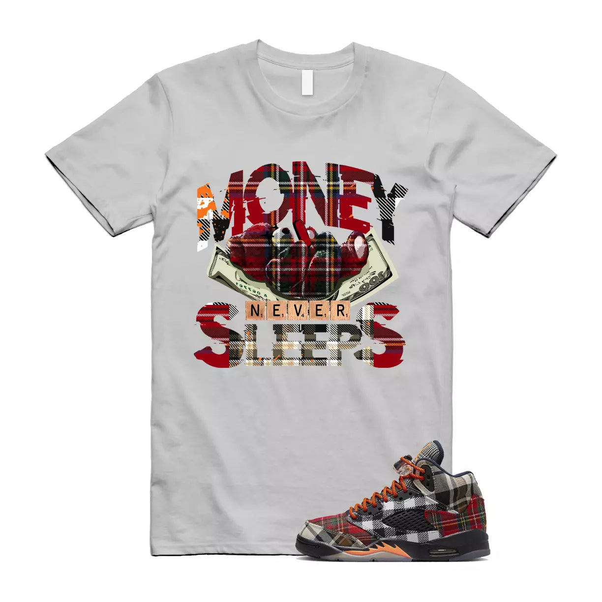 Plaid 5 Patchwork Total Orange AJ5 Air Checked-And-Flecked T Shirt Match MNS T-Shirt, Sneaker Match Tee
