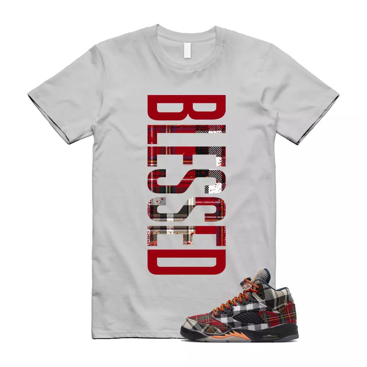 Plaid 5 Patchwork Total Orange AJ5 Air Checked-And-Flecked T Shirt Match VERTBLS T-Shirt, Sneaker Match Tee