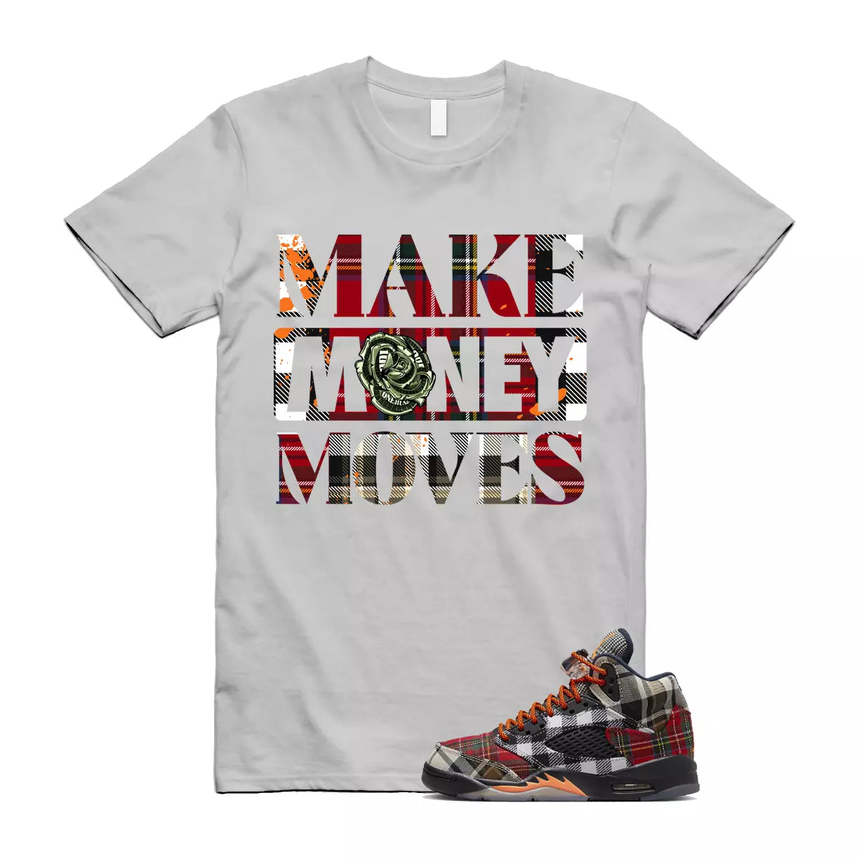 Plaid 5 Patchwork Total Orange AJ5 Air Checked-And-Flecked T Shirt Match MOVES T-Shirt, Sneaker Match Tee
