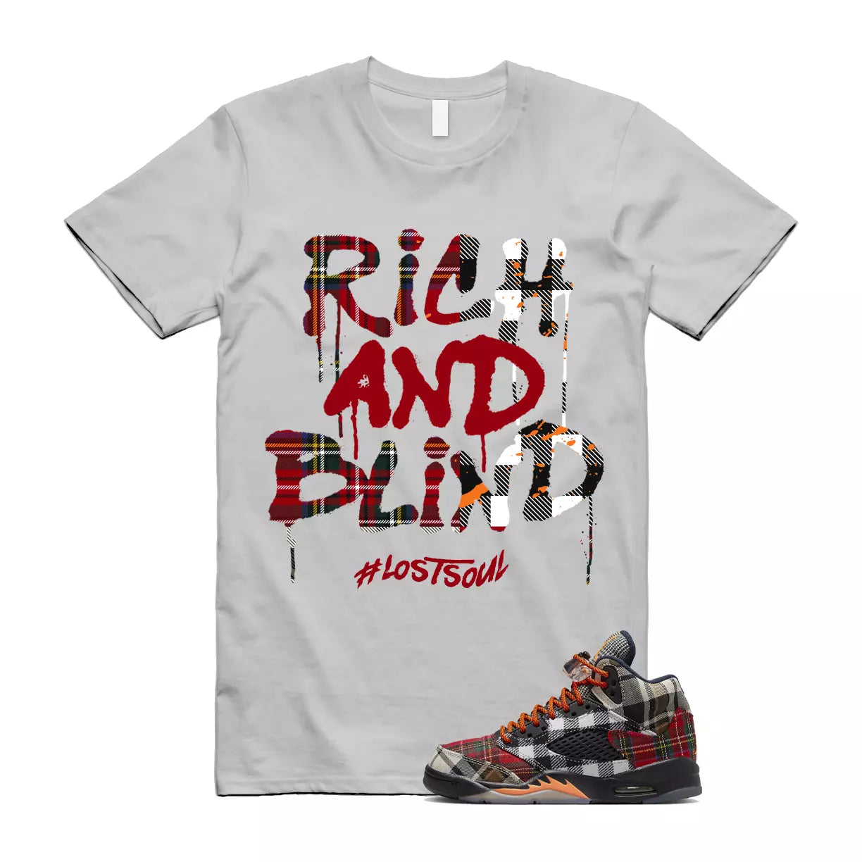 Plaid 5 Patchwork Total Orange AJ5 Air Checked-And-Flecked T Shirt Match RICH T-Shirt, Sneaker Match Tee