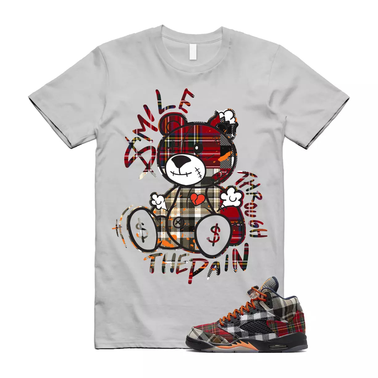 Plaid 5 Patchwork Total Orange AJ5 Air Checked-And-Flecked T Shirt Match Smile Through The Pain T-Shirt, Sneaker Match Tee