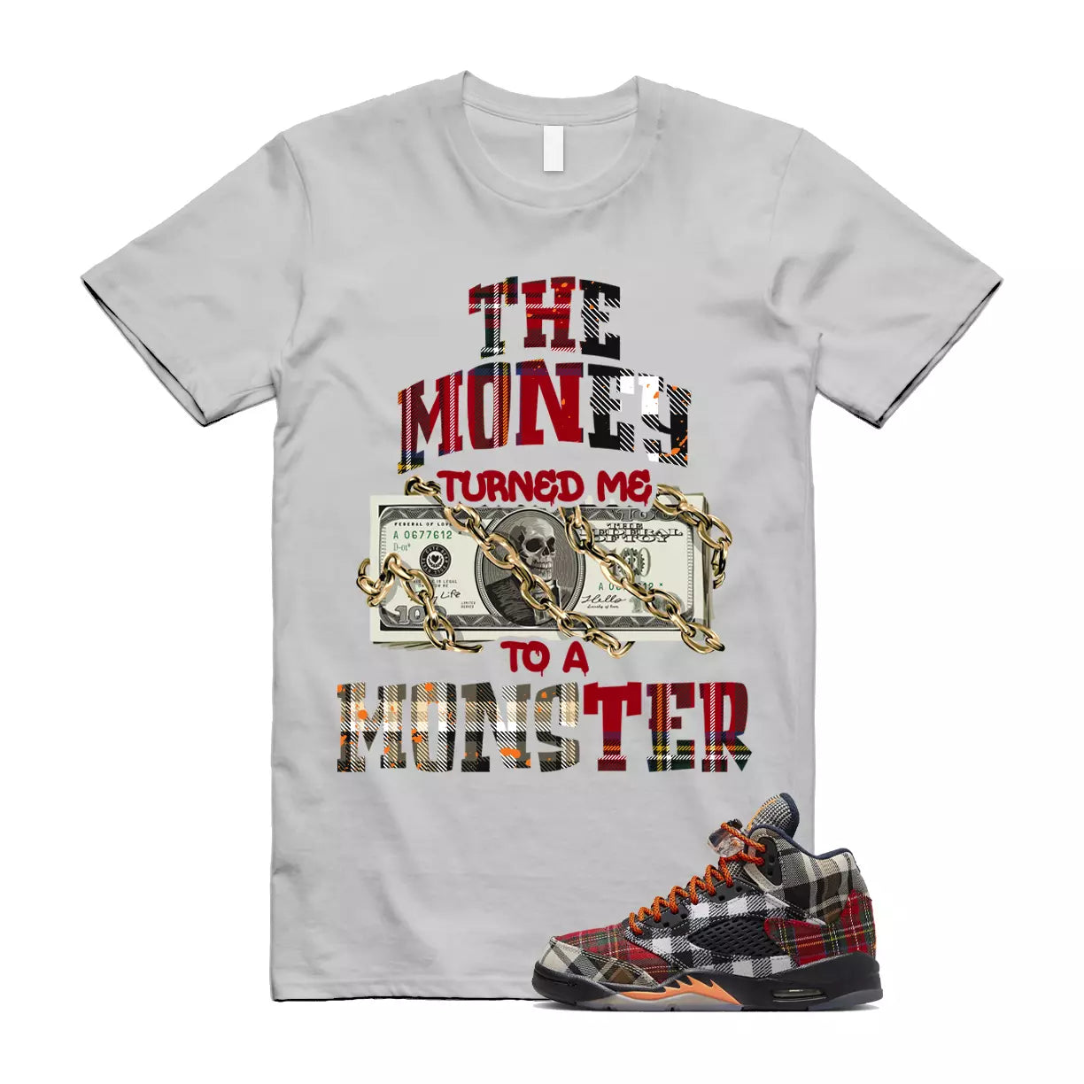 Plaid 5 Patchwork Total Orange AJ5 Air Checked-And-Flecked T Shirt Match MONSTER T-Shirt, Sneaker Match Tee