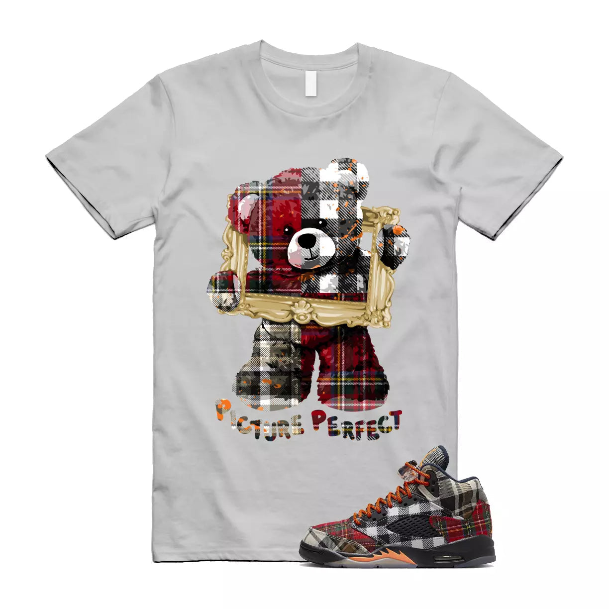 Plaid 5 Patchwork Total Orange AJ5 Air Checked-And-Flecked T Shirt Match PIC T-Shirt, Sneaker Match Tee