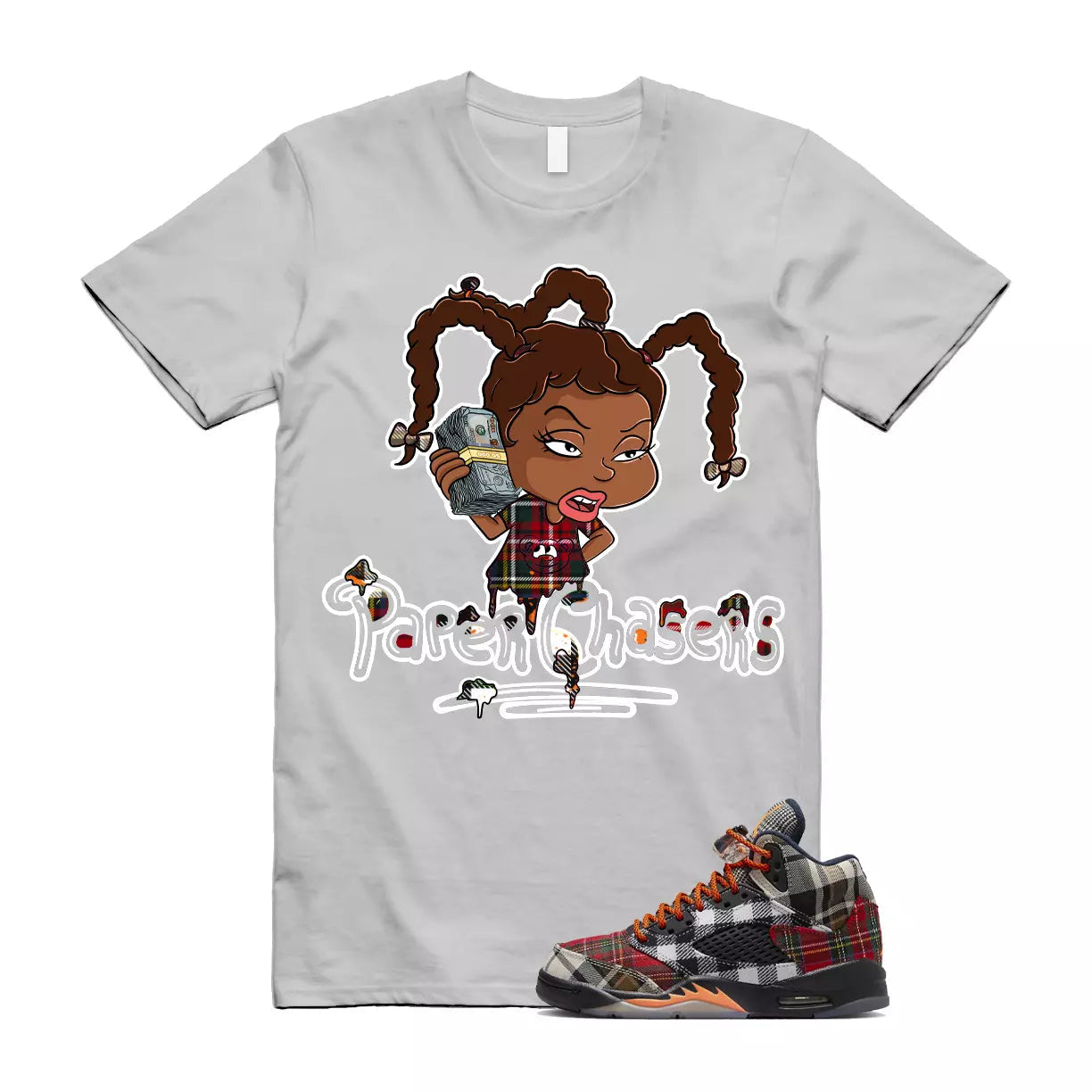 Plaid 5 Patchwork Total Orange AJ5 Air Checked-And-Flecked T Shirt Match PC T-Shirt, Sneaker Match Tee