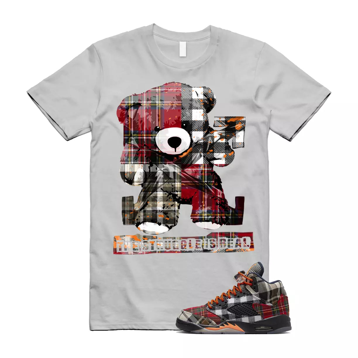 Plaid 5 Patchwork Total Orange AJ5 Air Checked-And-Flecked T Shirt Match STRUG T-Shirt, Sneaker Match Tee