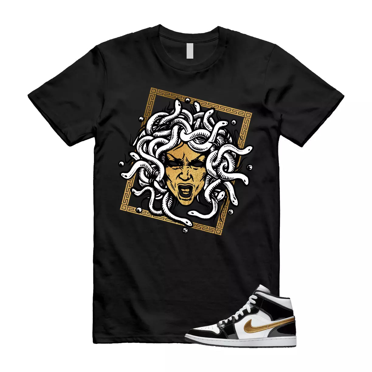 Metallic Gold Patent Black White Air 1 Mid T Shirt Match SHM T-Shirt, Sneaker Match Tee