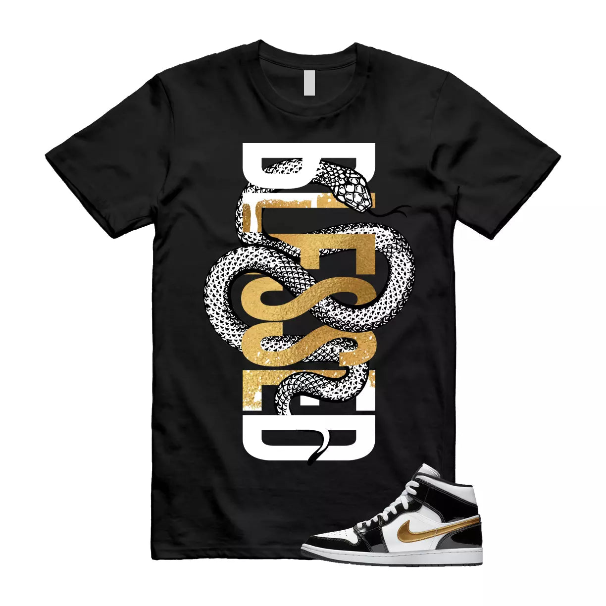 Metallic Gold Patent Black White Air 1 Mid T Shirt Match SNAKEBLS T-Shirt, Sneaker Match Tee