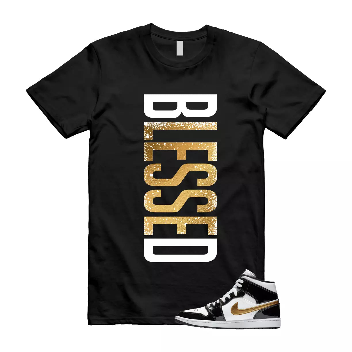Metallic Gold Patent Black White Air 1 Mid T Shirt Match VERTBLS T-Shirt, Sneaker Match Tee