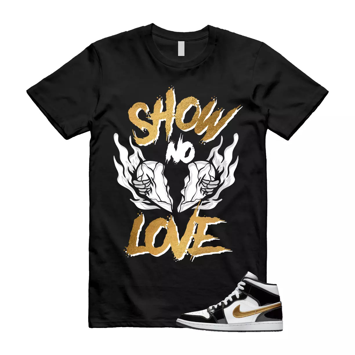 Metallic Gold Patent Black White Air 1 Mid T Shirt Match NO LOVE T-Shirt, Sneaker Match Tee