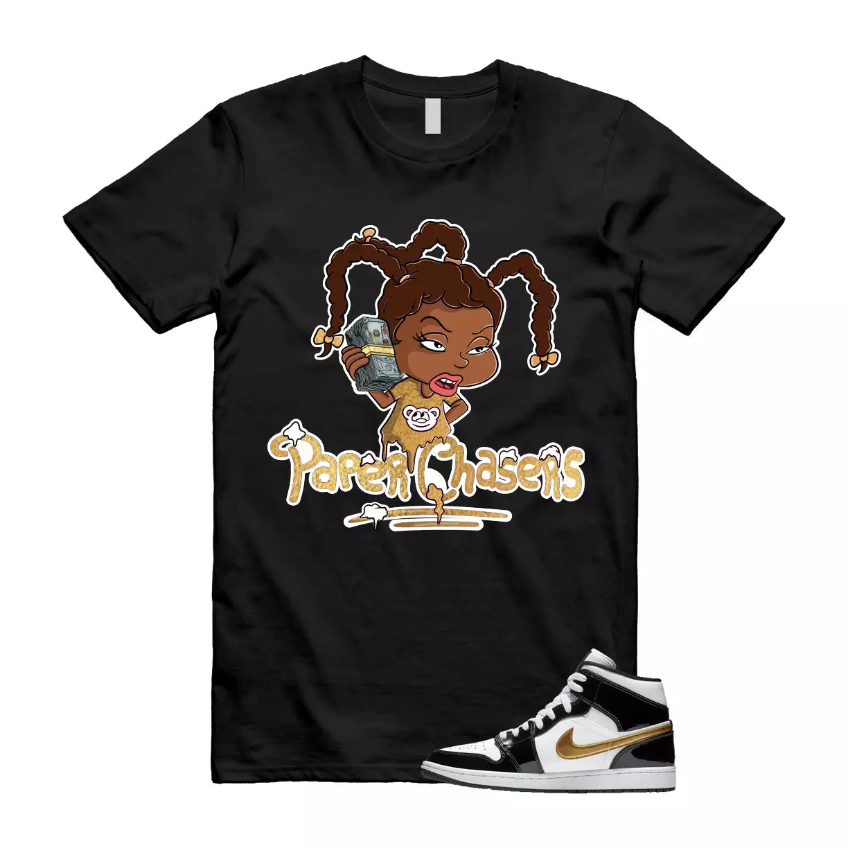 Metallic Gold Patent Black White Air 1 Mid T Shirt Match PC T-Shirt, Sneaker Match Tee