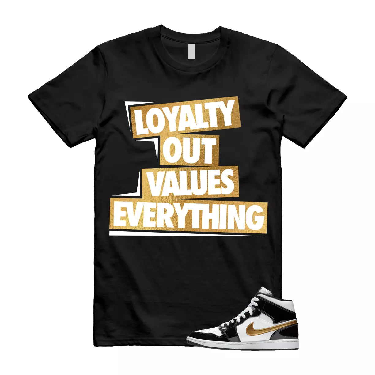 Metallic Gold Patent Black White Air 1 Mid T Shirt Match LOVE T-Shirt, Sneaker Match Tee