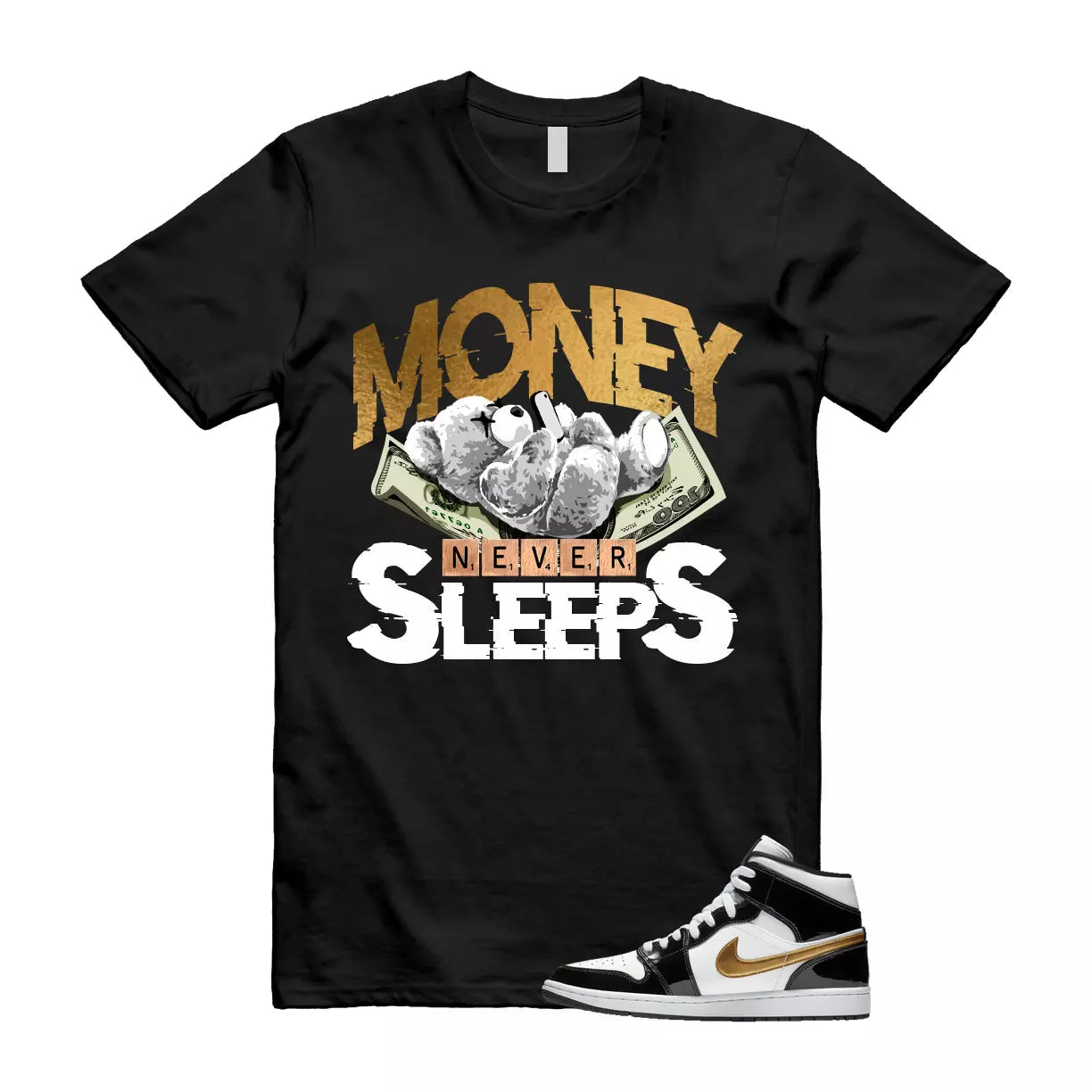 Metallic Gold Patent Black White Air 1 Mid T Shirt Match MNS T-Shirt, Sneaker Match Tee