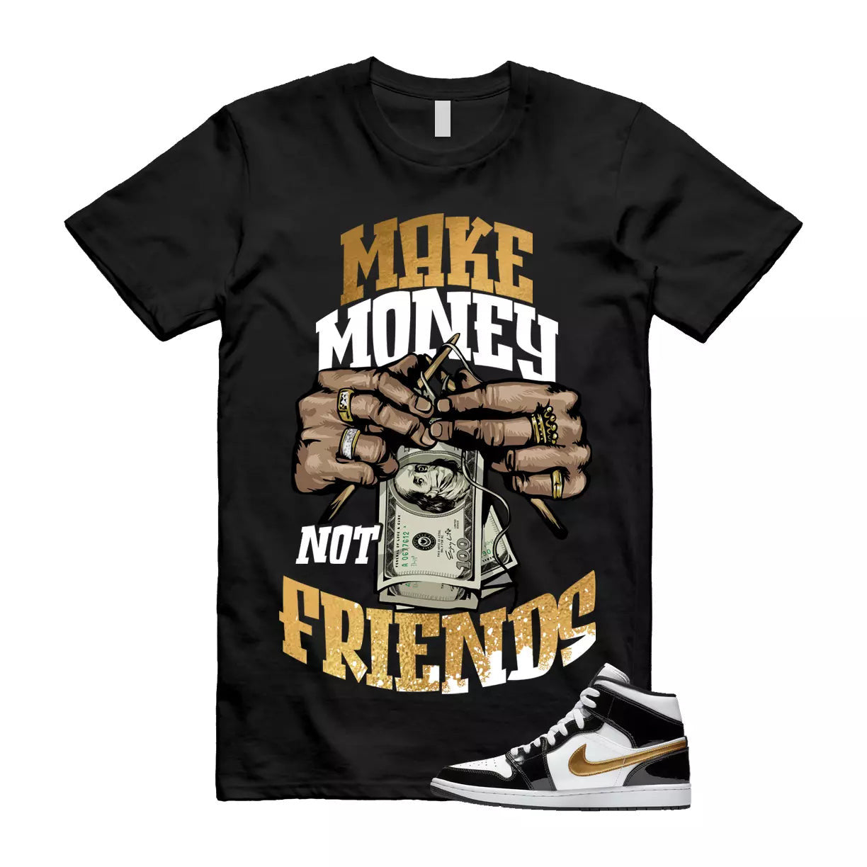 Metallic Gold Patent Black White Air 1 Mid T Shirt Match MM T-Shirt, Sneaker Match Tee
