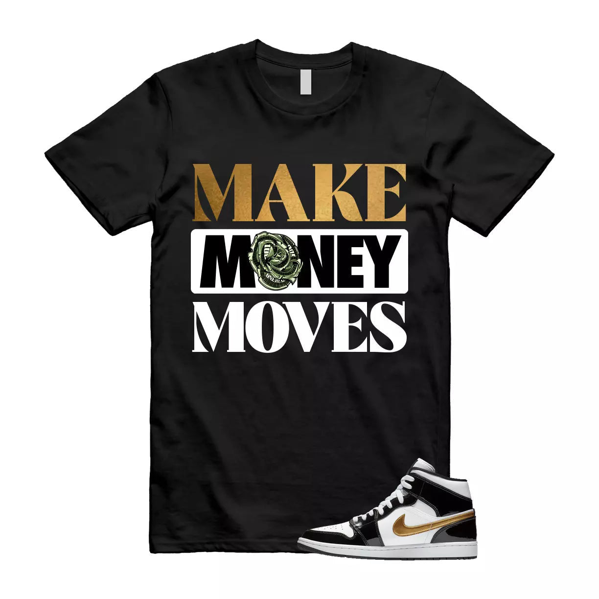 Metallic Gold Patent Black White Air 1 Mid T Shirt Match MOVES T-Shirt, Sneaker Match Tee